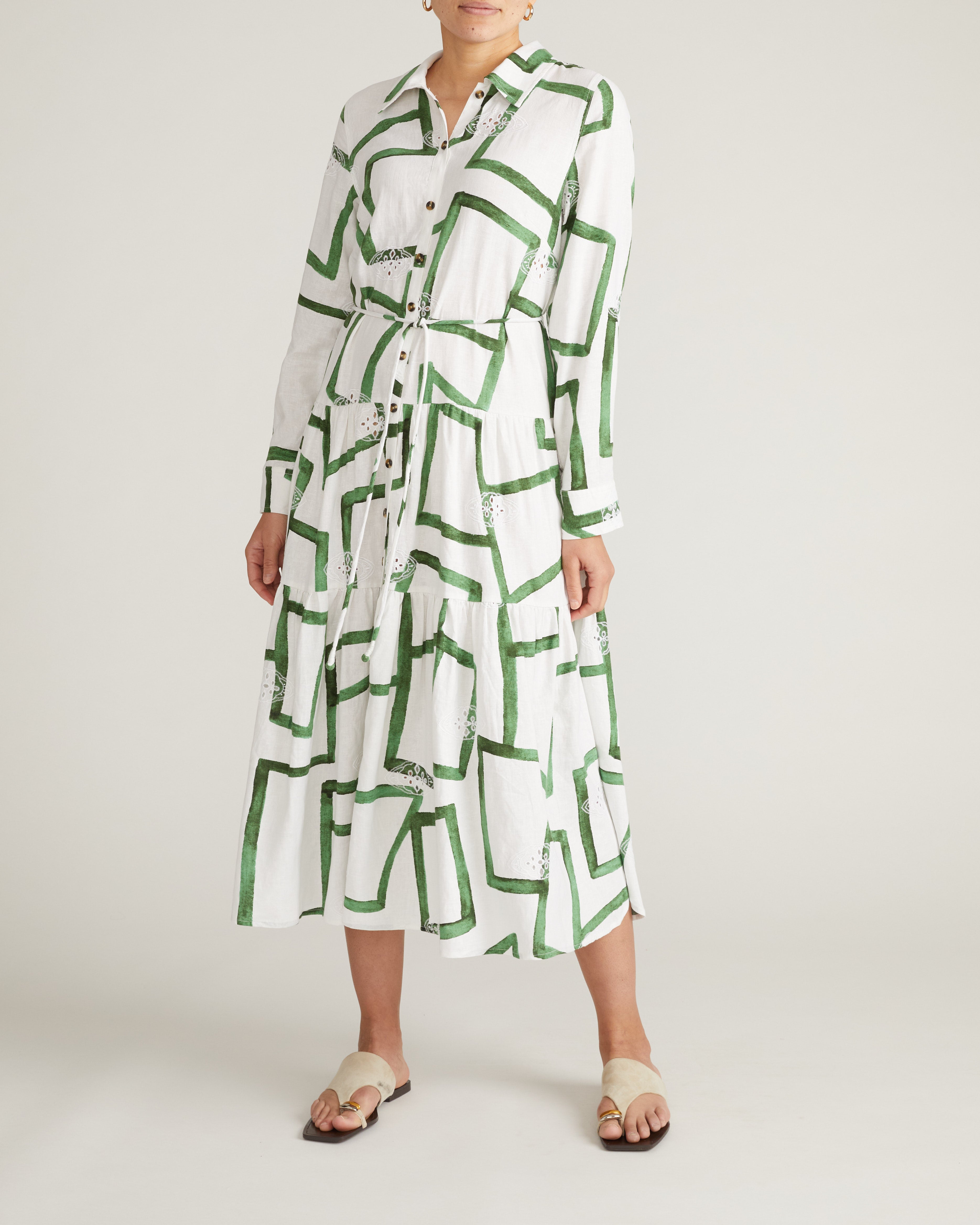 Alix Linen Blend Shirtdress - Green Paint Print