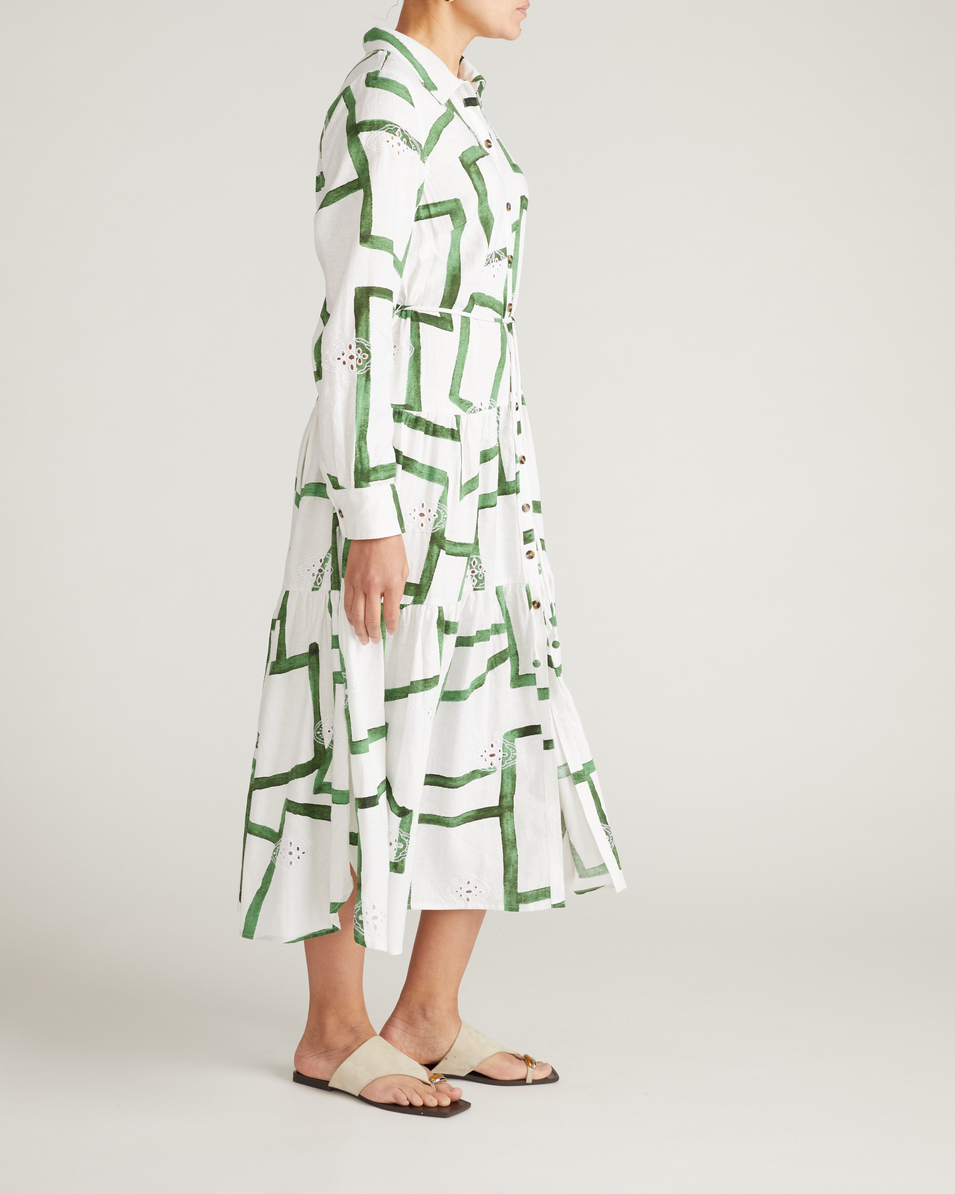 Alix Linen Blend Shirtdress - Green Paint Print