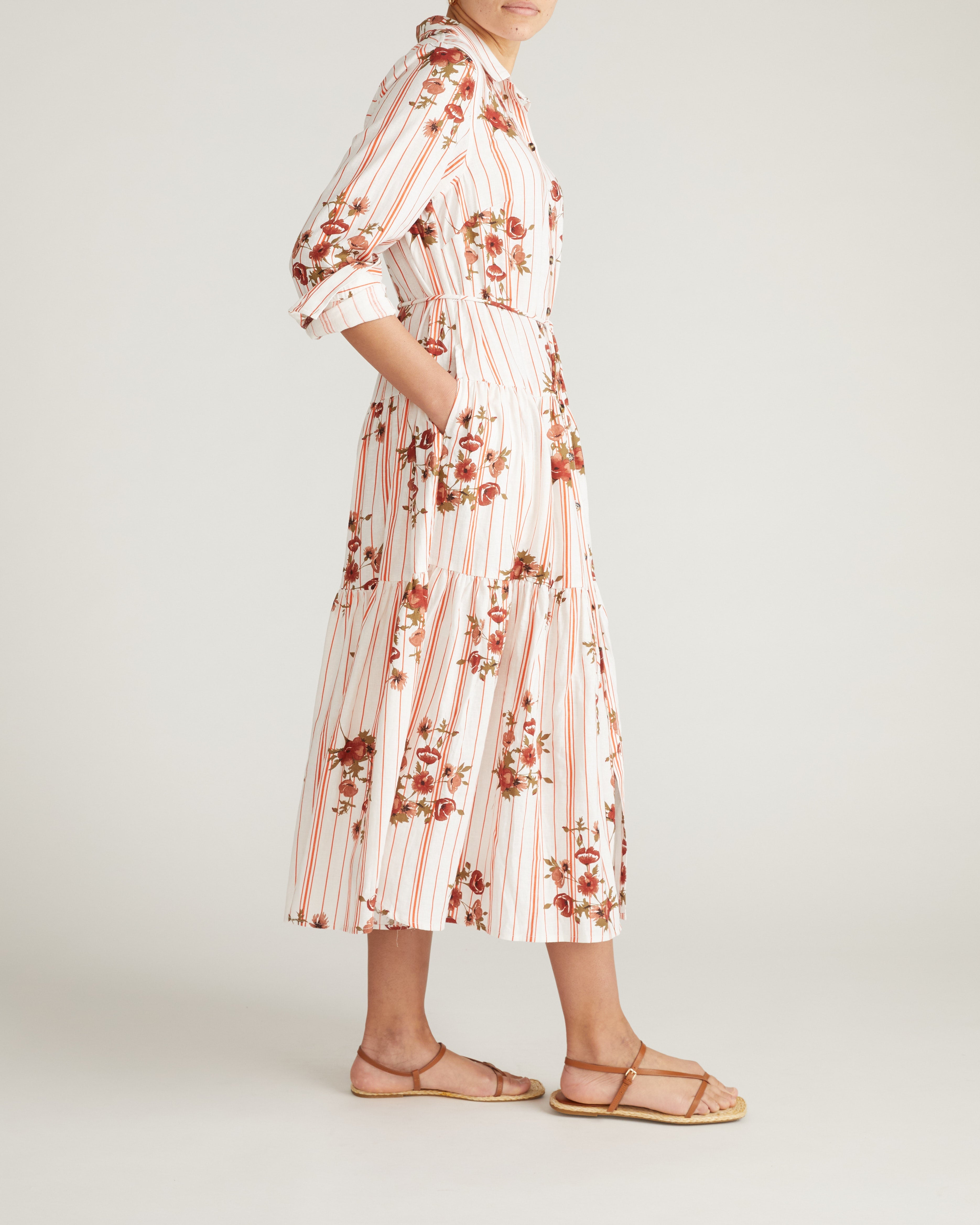 Alix Linen Blend Shirtdress - Wild Flower Bouquet Print on Stripes