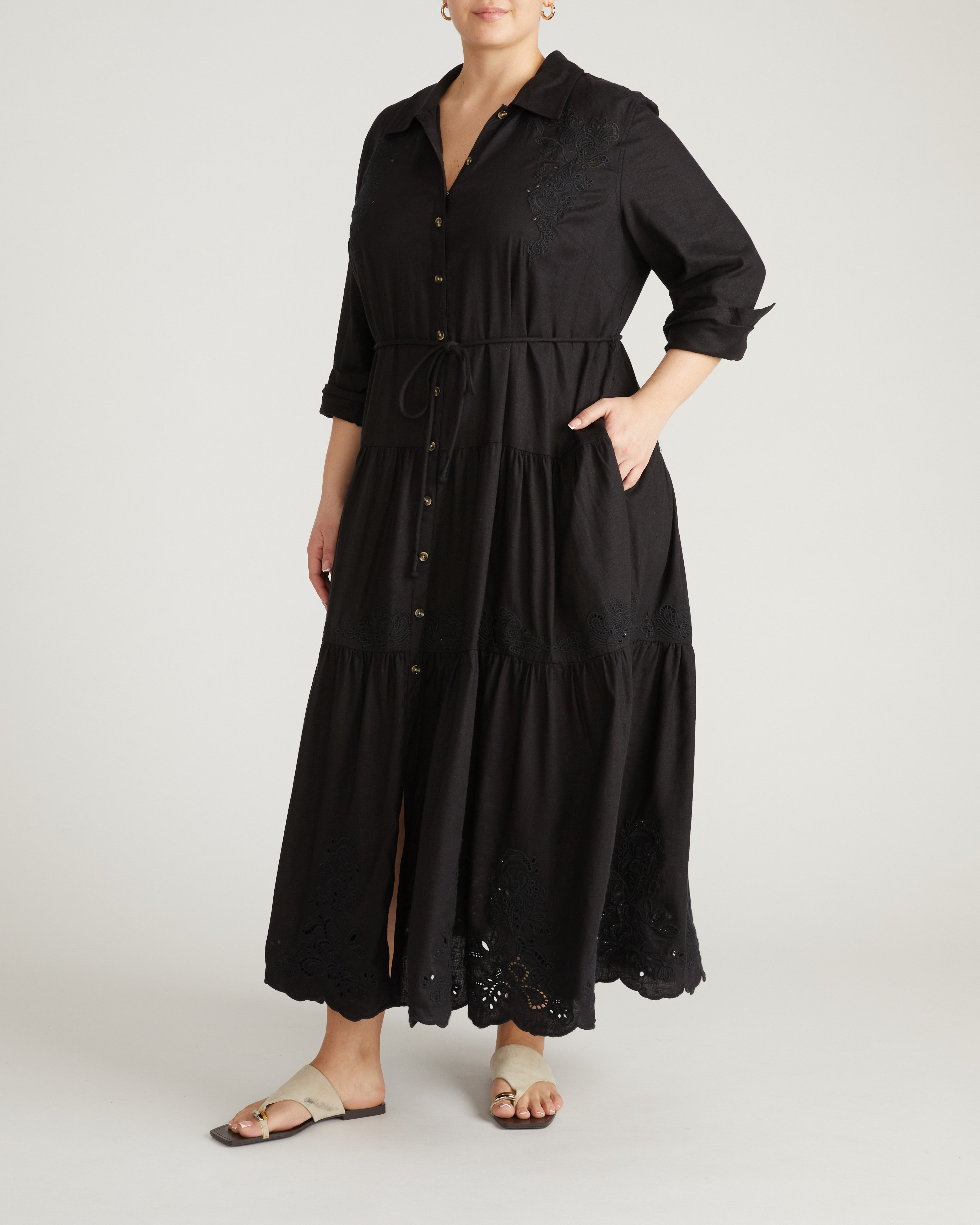 Alix Embroidered Linen Blend Shirtdress - Black