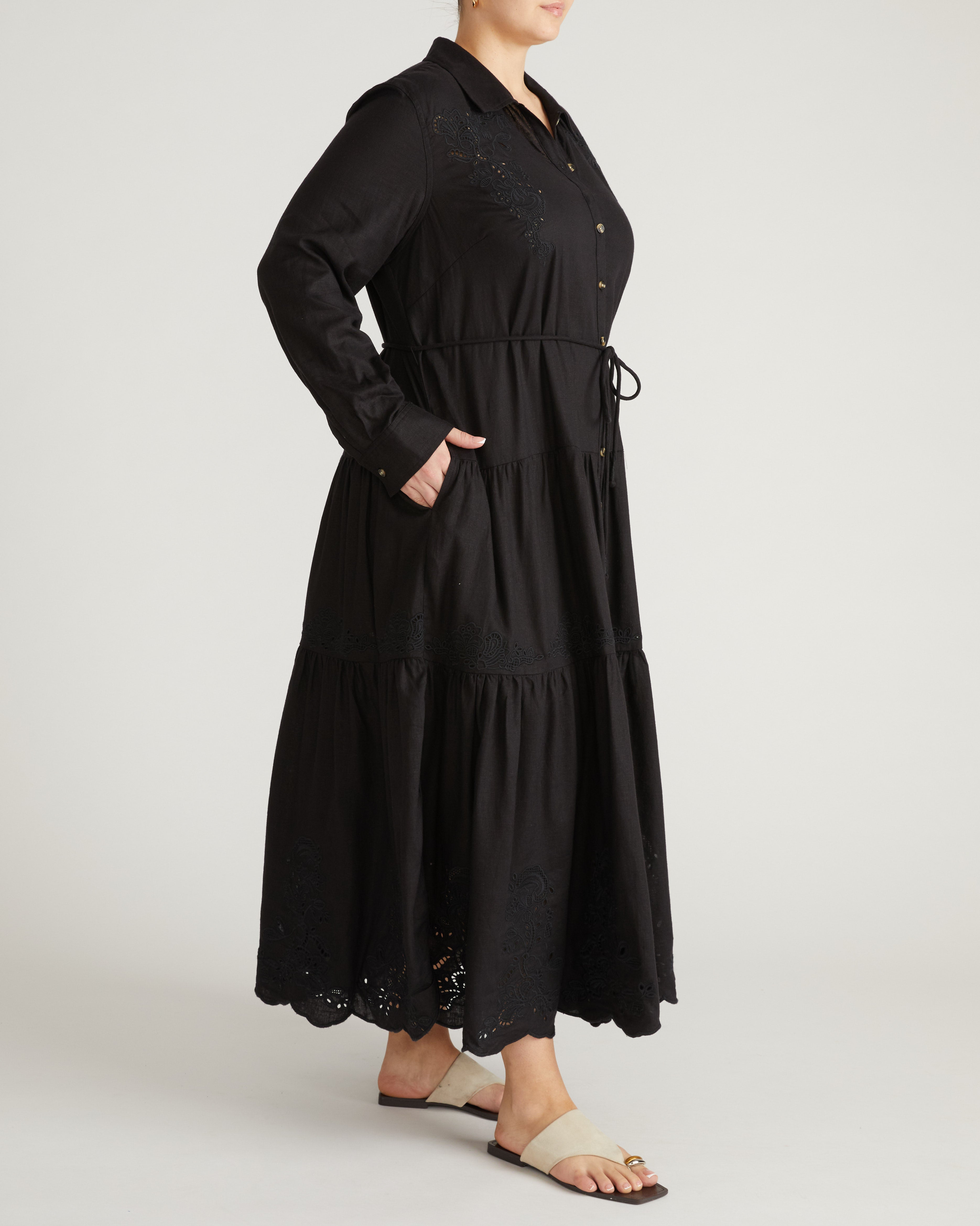 Alix Embroidered Linen Blend Shirtdress - Black