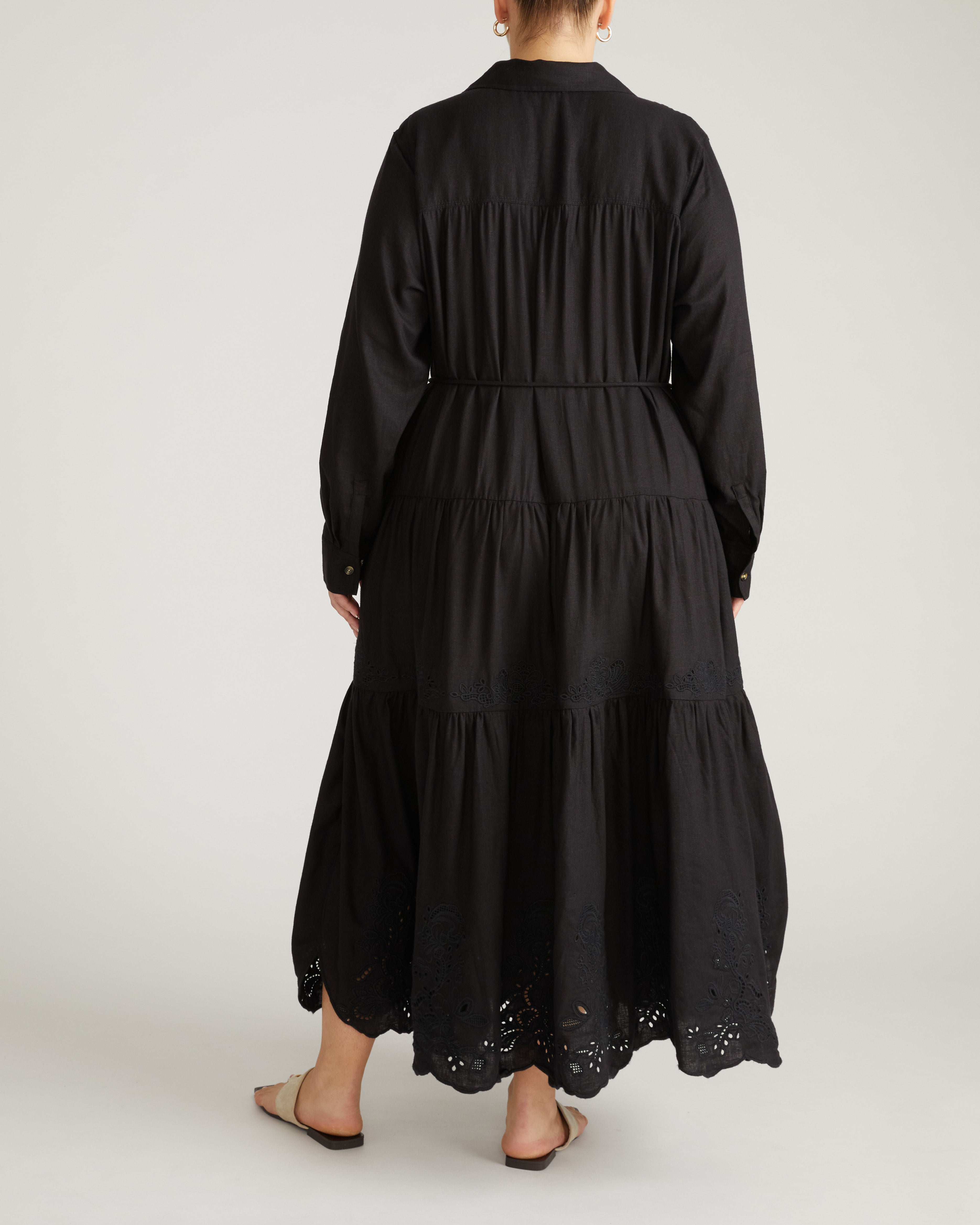 Alix Embroidered Linen Blend Shirtdress - Black