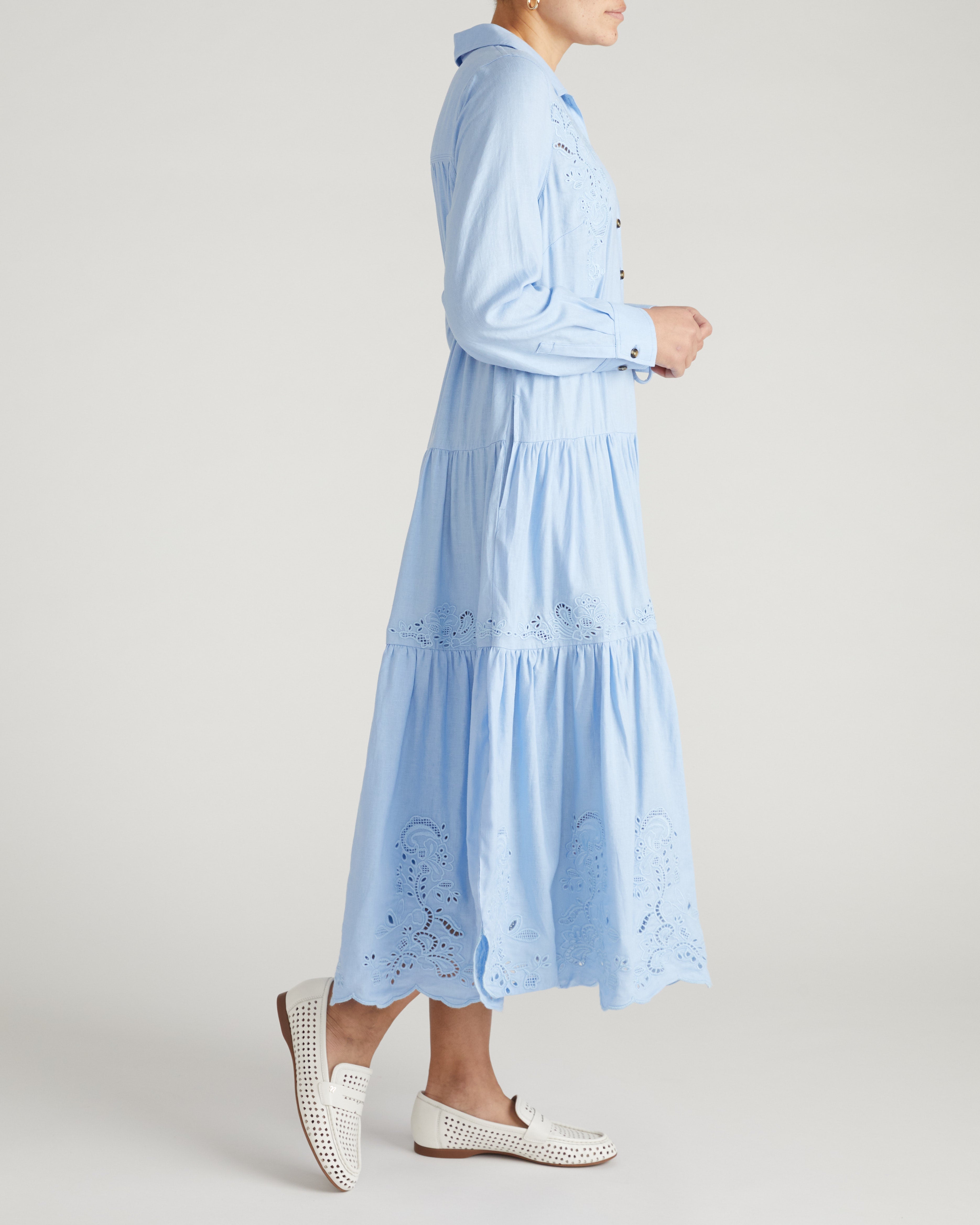 Alix Embroidered Linen Blend Shirtdress - Cielo Blue