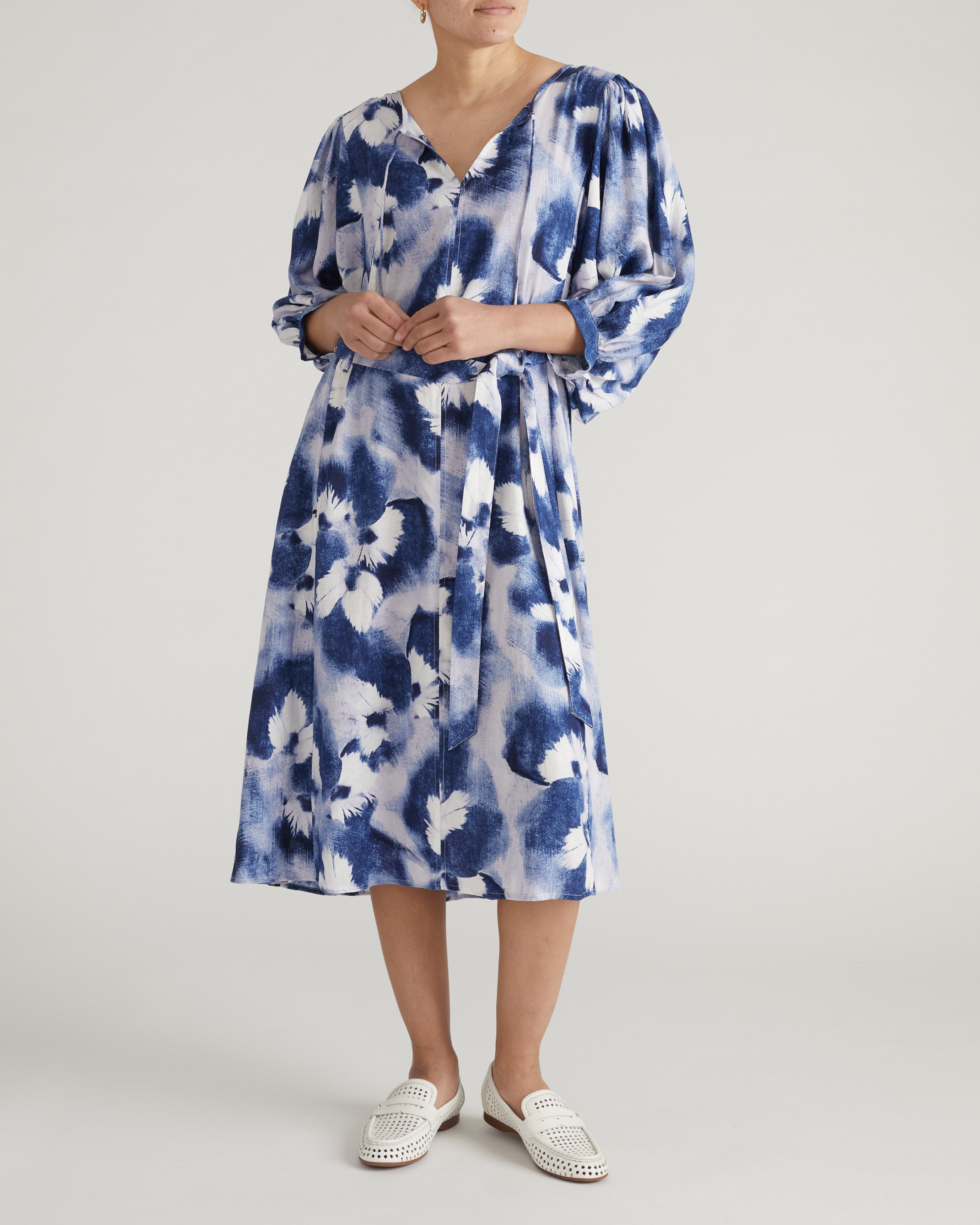 Amparo Linen Blend Dress - Blue Pressed Flower Print