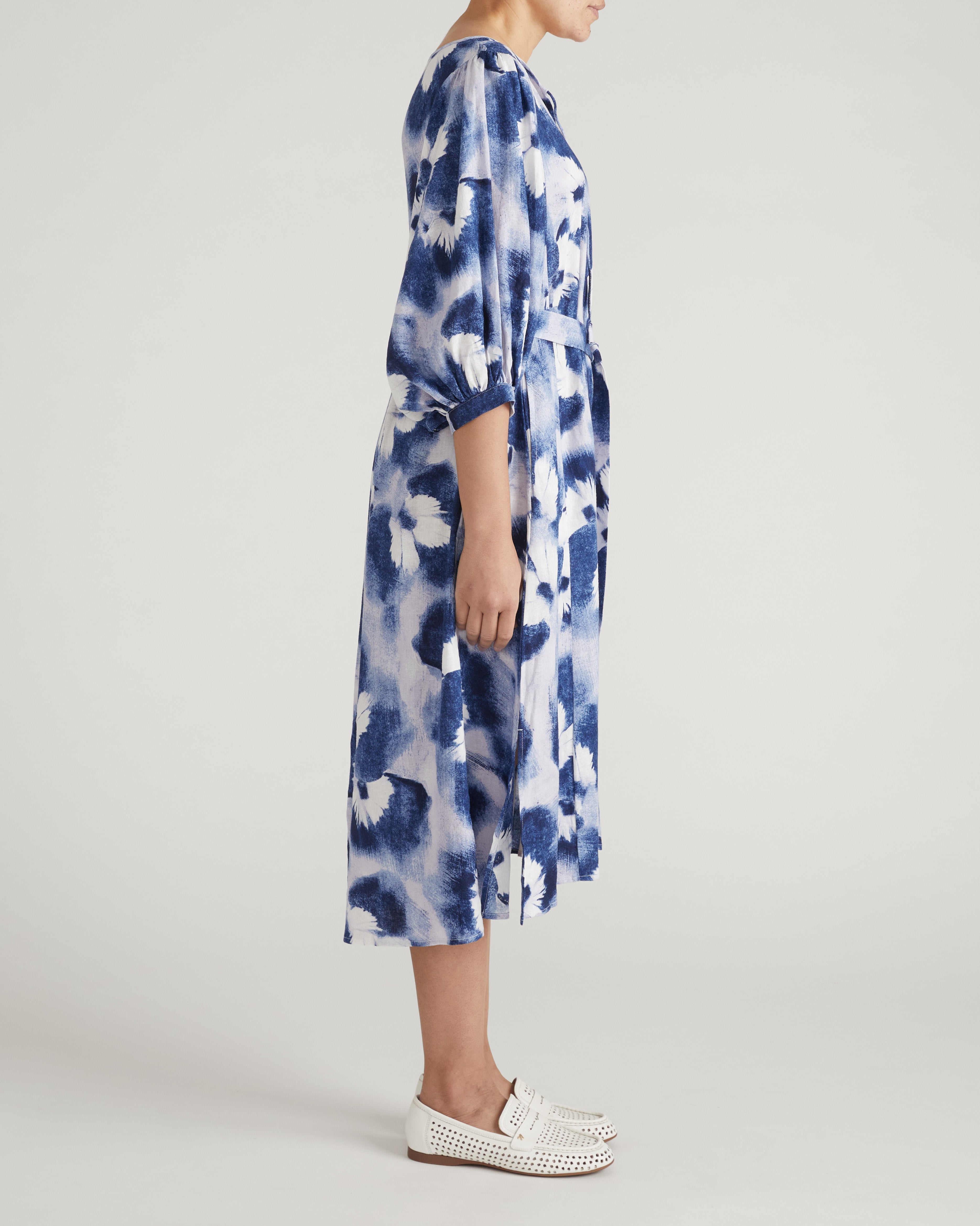 Amparo Linen Blend Dress - Blue Pressed Flower Print