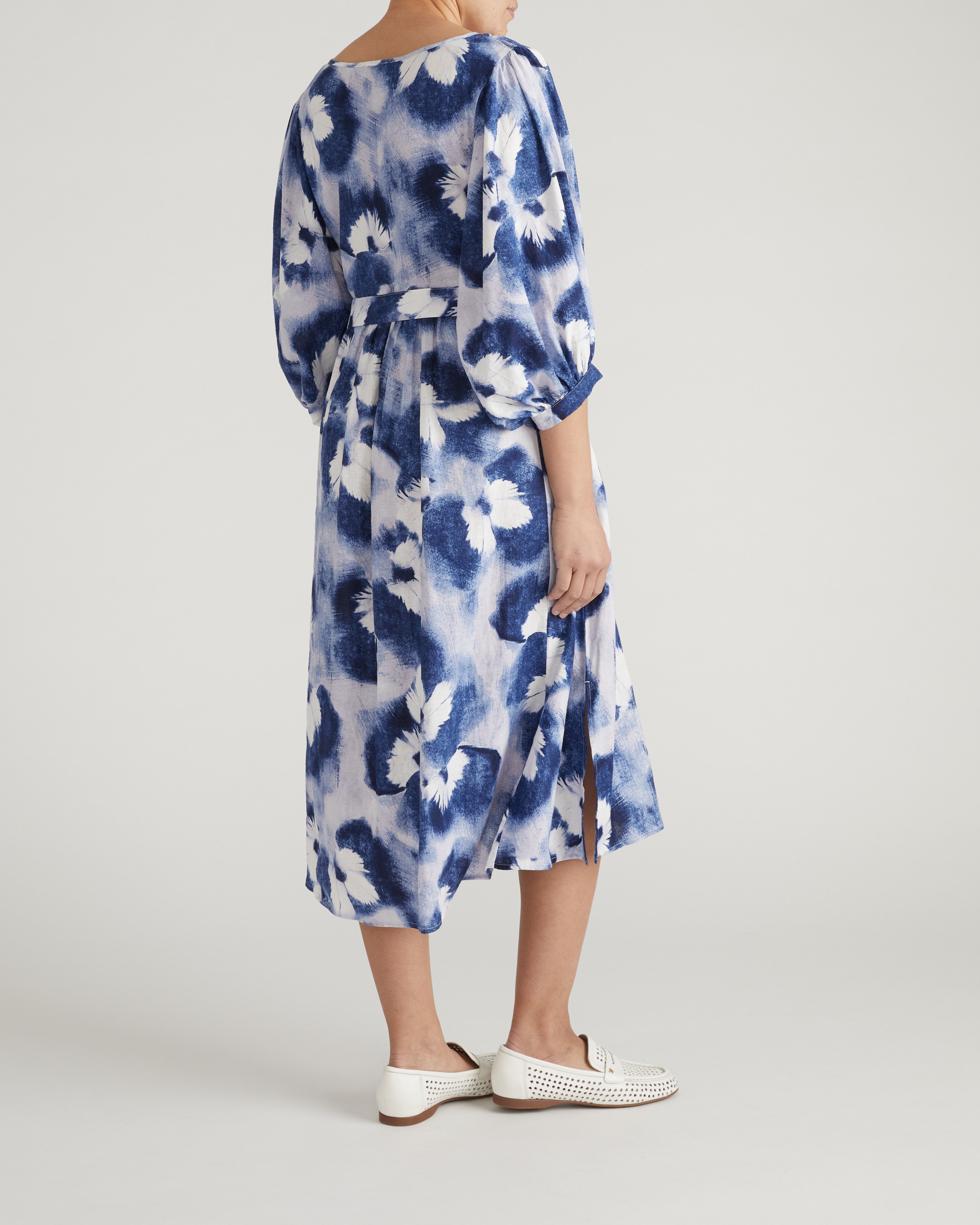 Amparo Linen Blend Dress - Blue Pressed Flower Print