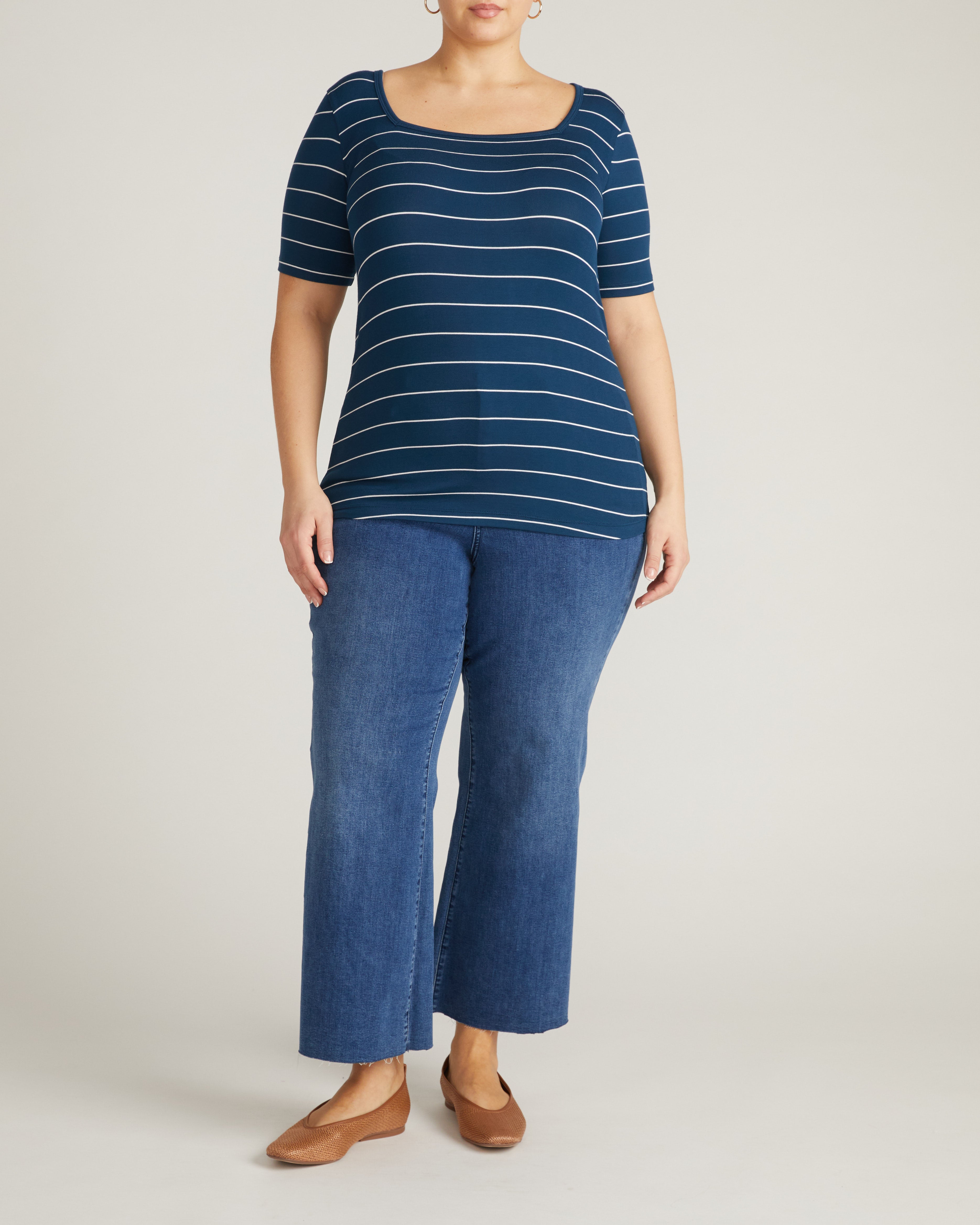Cloud Rib Short Sleeve Square Neck Tee - Teal/White Microstripe