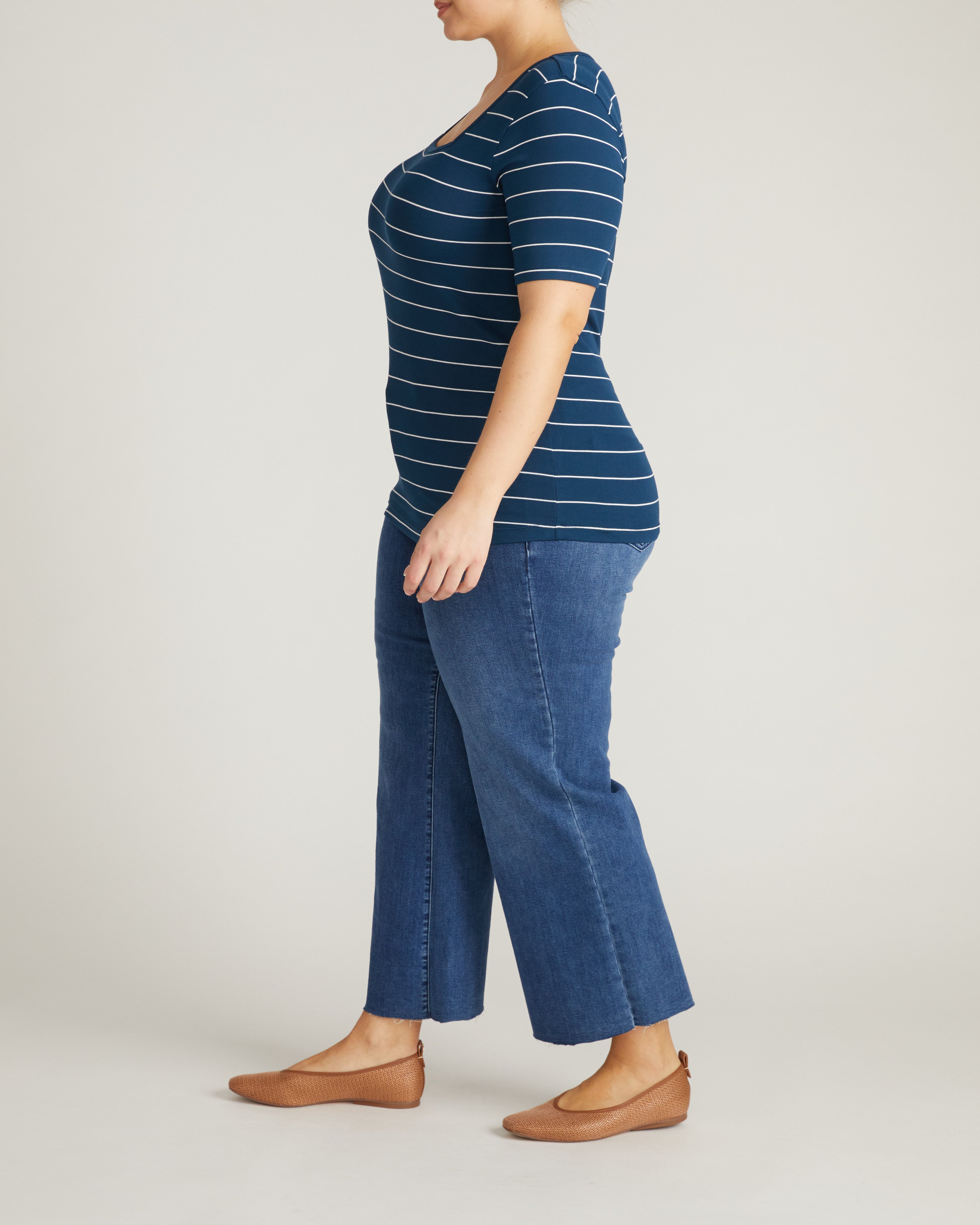 Cloud Rib Short Sleeve Square Neck Tee - Teal/White Microstripe