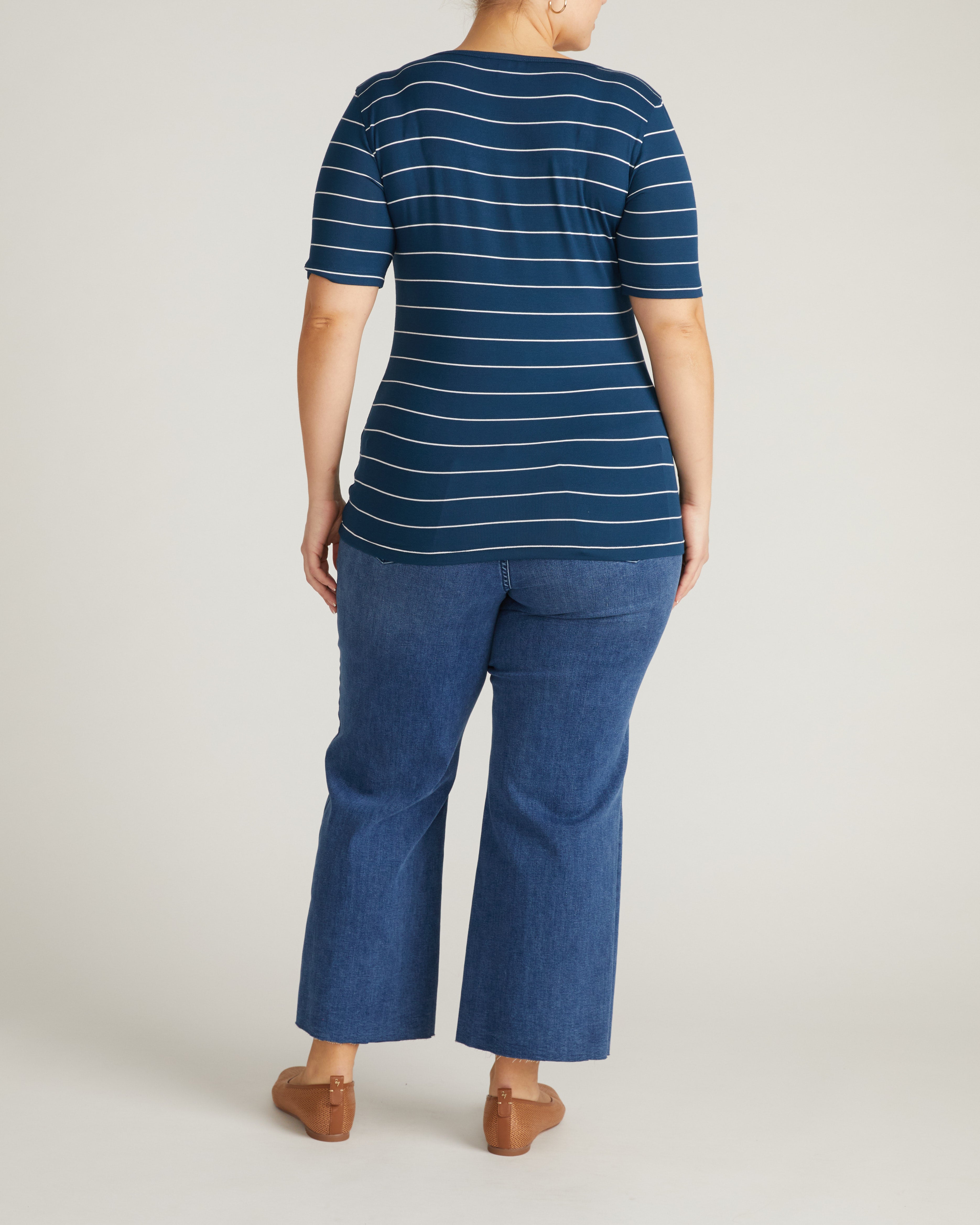 Cloud Rib Short Sleeve Square Neck Tee - Teal/White Microstripe