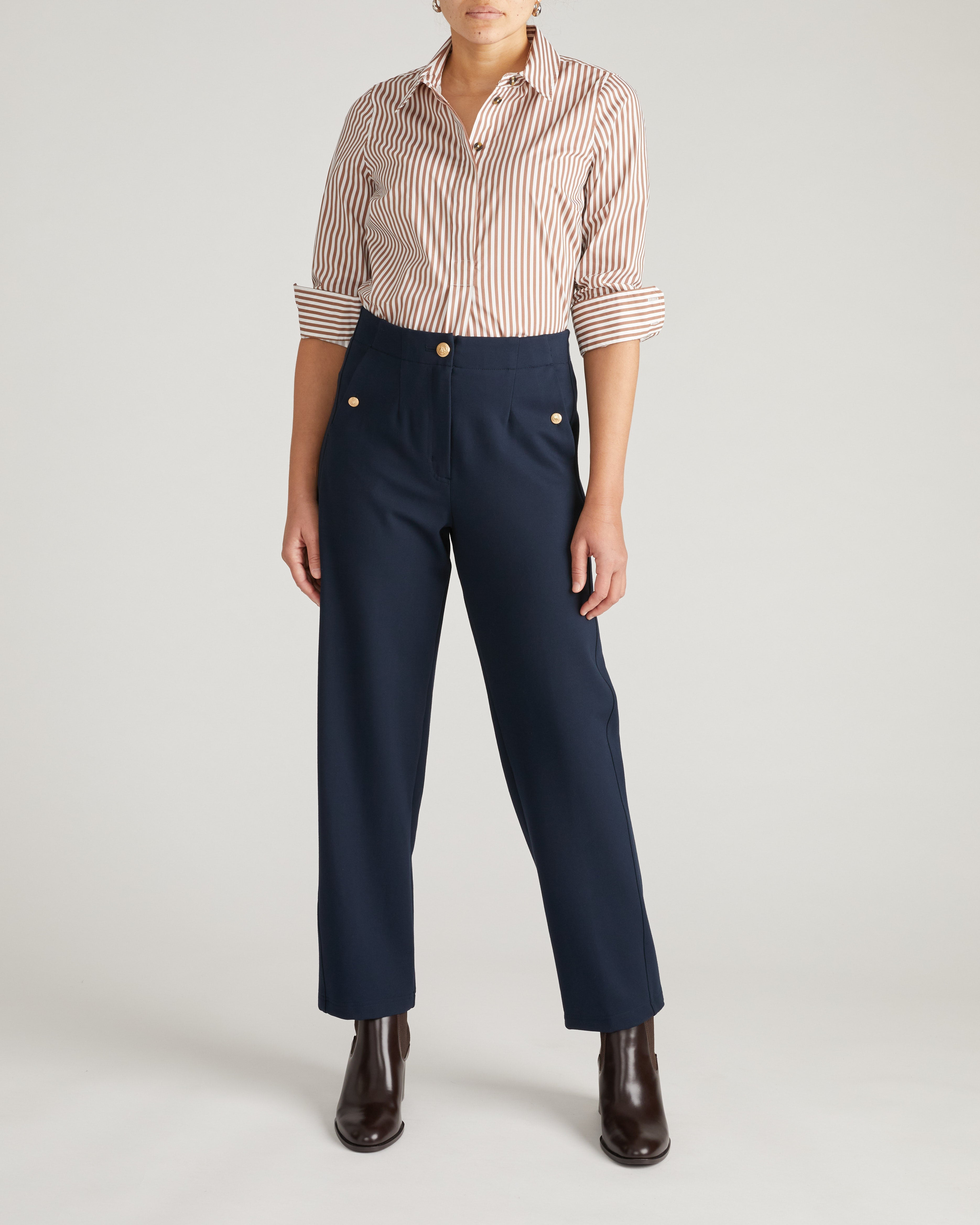 Audrey Relaxed Uniform Ponte Workpant - Navy with Gold Buttons