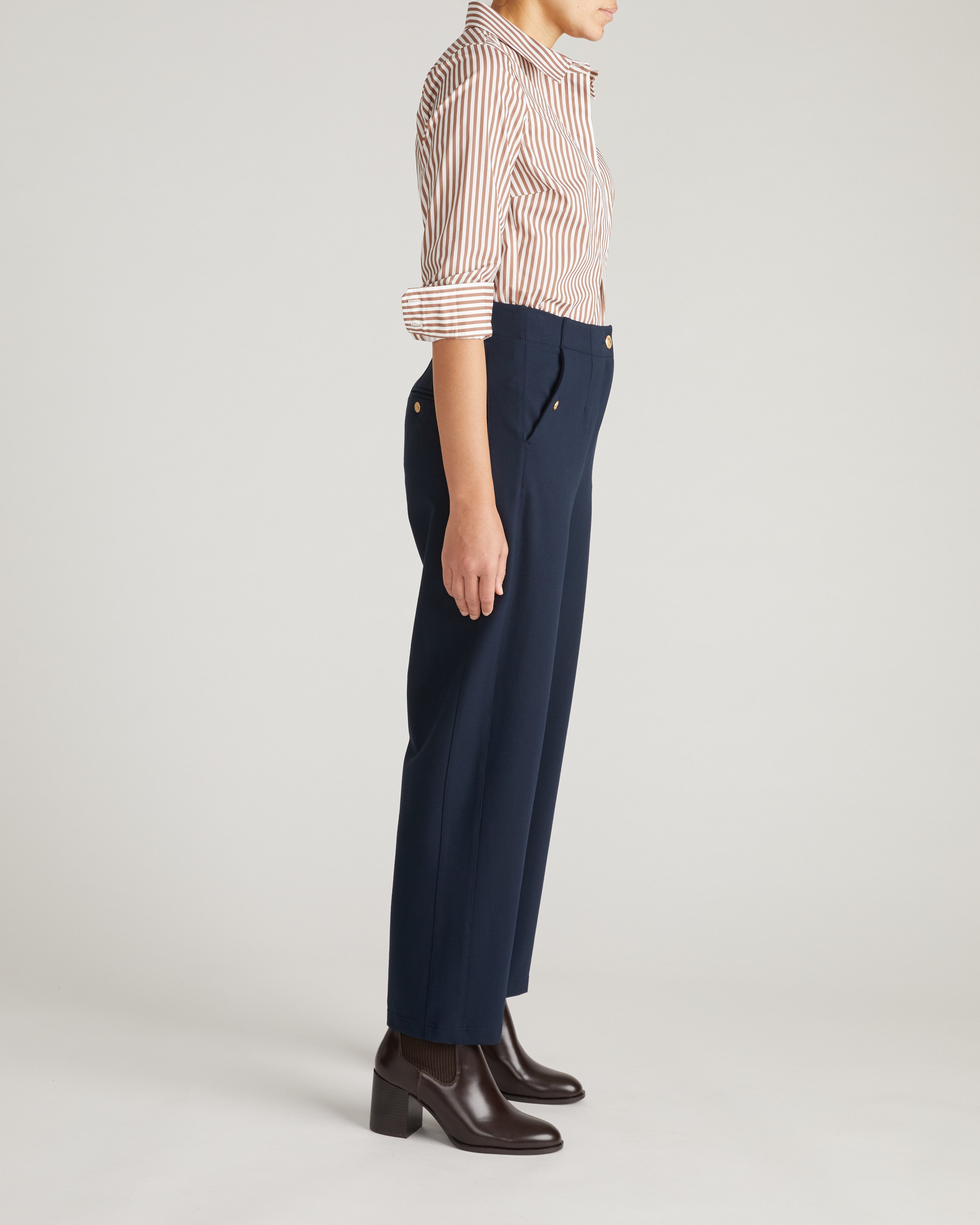 Audrey Relaxed Uniform Ponte Workpant - Navy with Gold Buttons