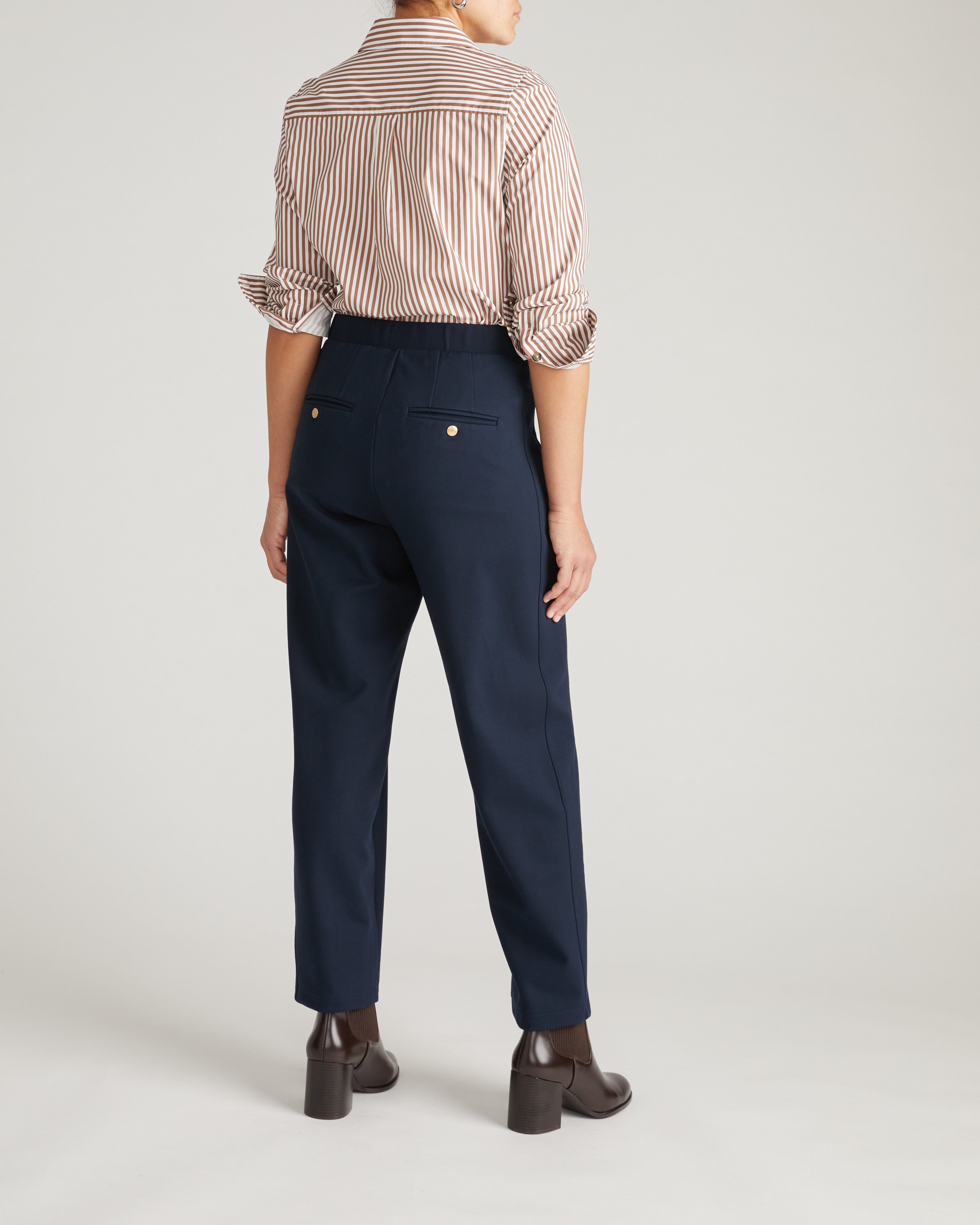 Audrey Relaxed Uniform Ponte Workpant - Navy with Gold Buttons