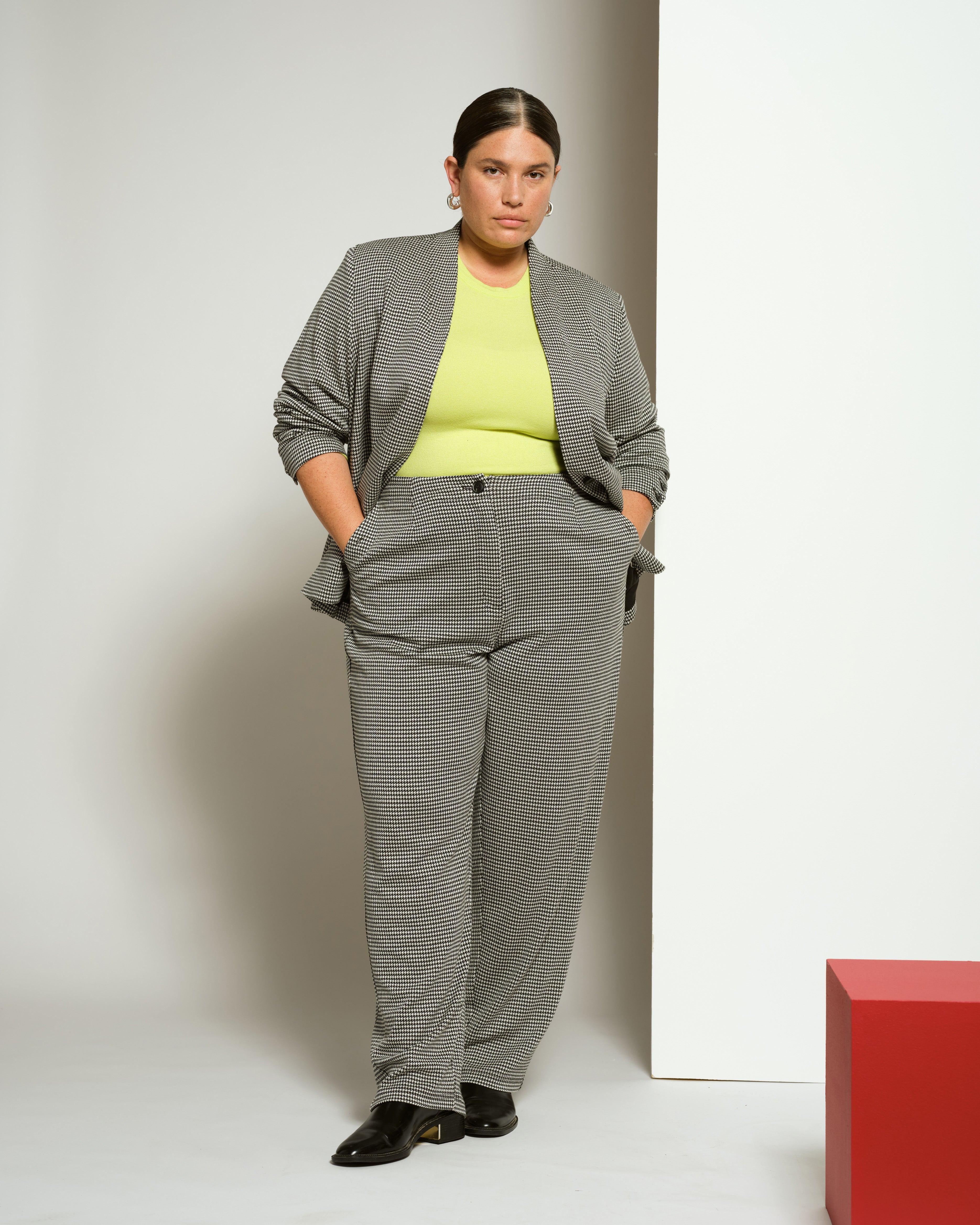 Audrey Relaxed Uniform Ponte Workpant - Black/White Houndstooth