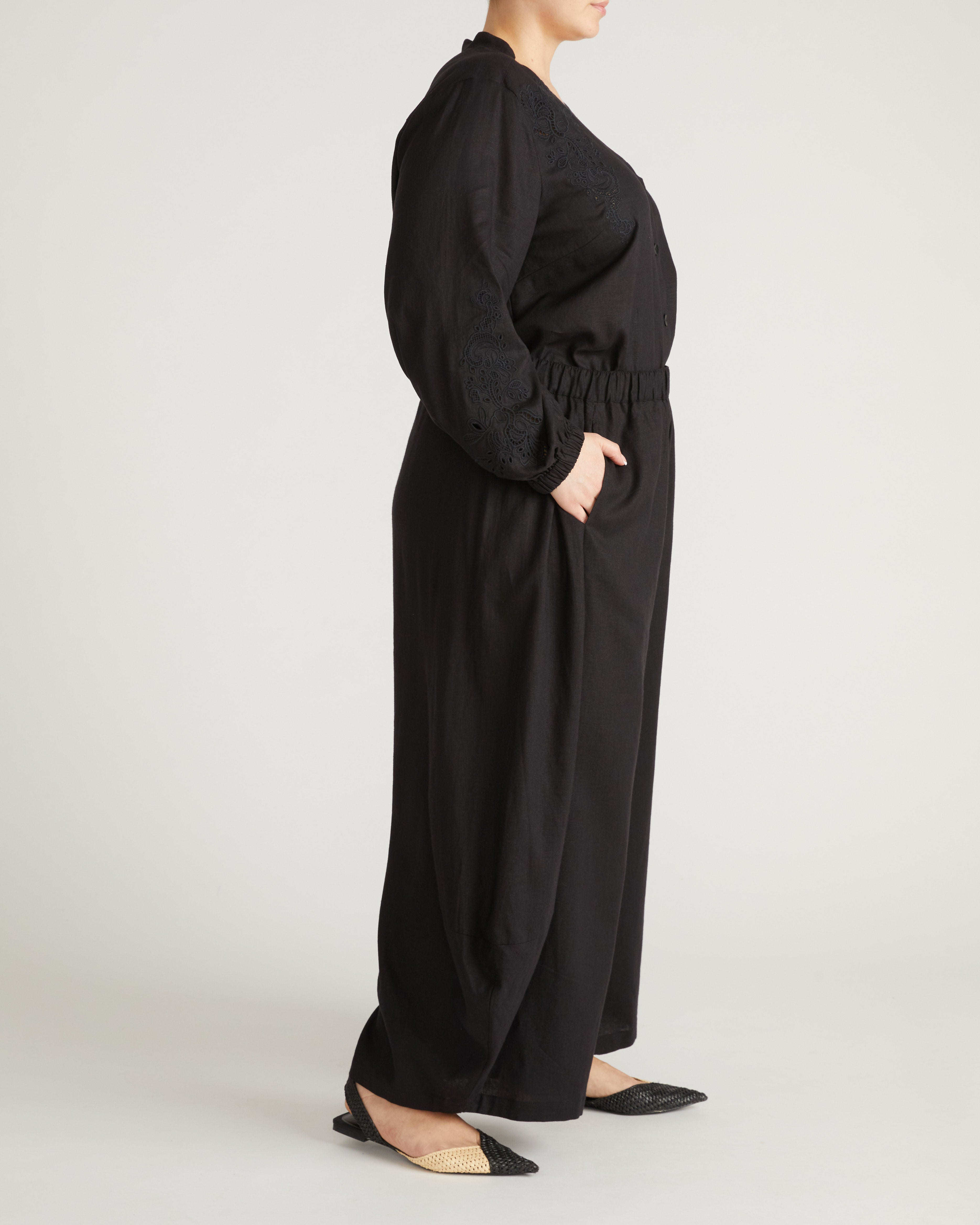 Cosma Barrel Leg Linen Blend Pants - Black