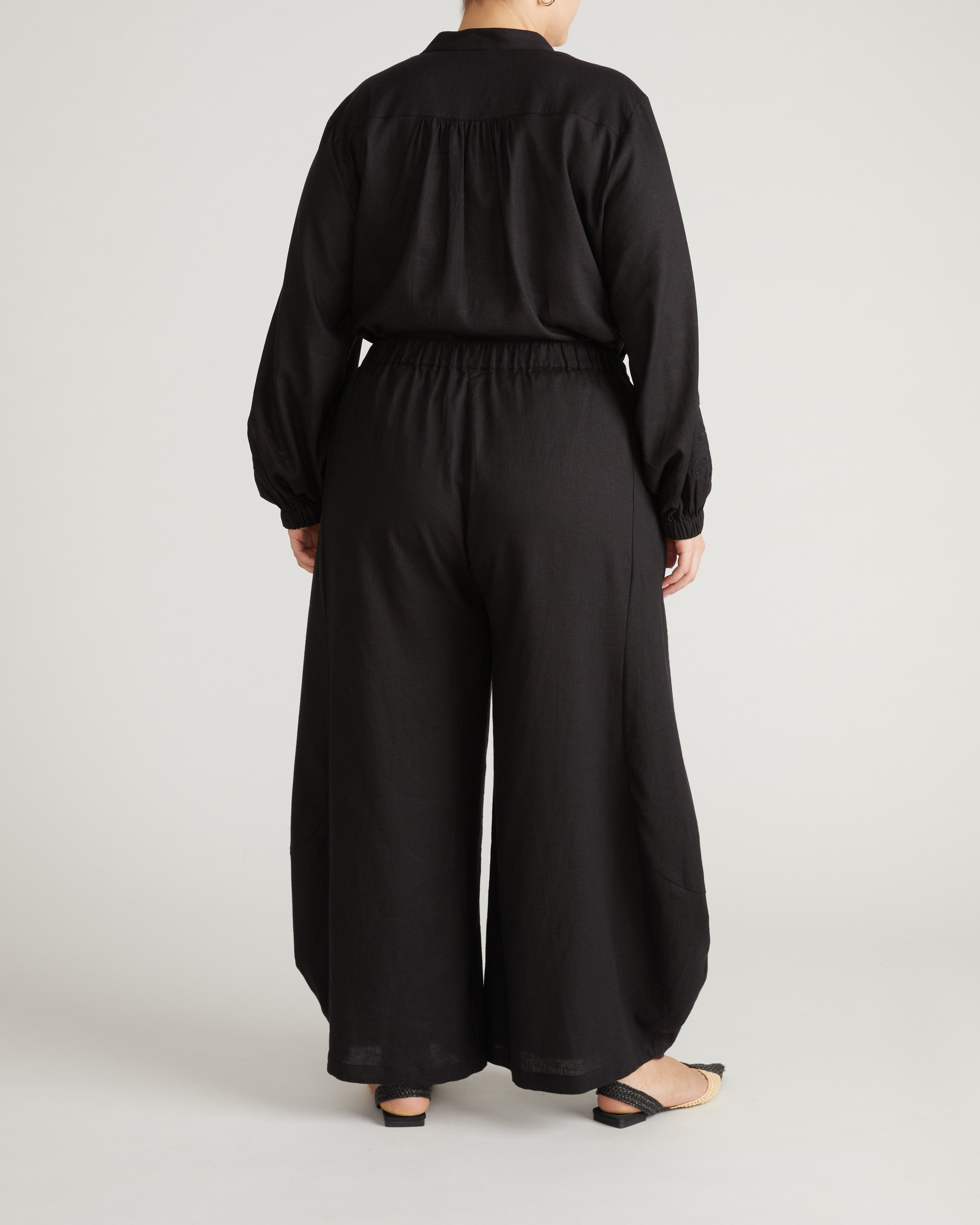 Cosma Barrel Leg Linen Blend Pants - Black