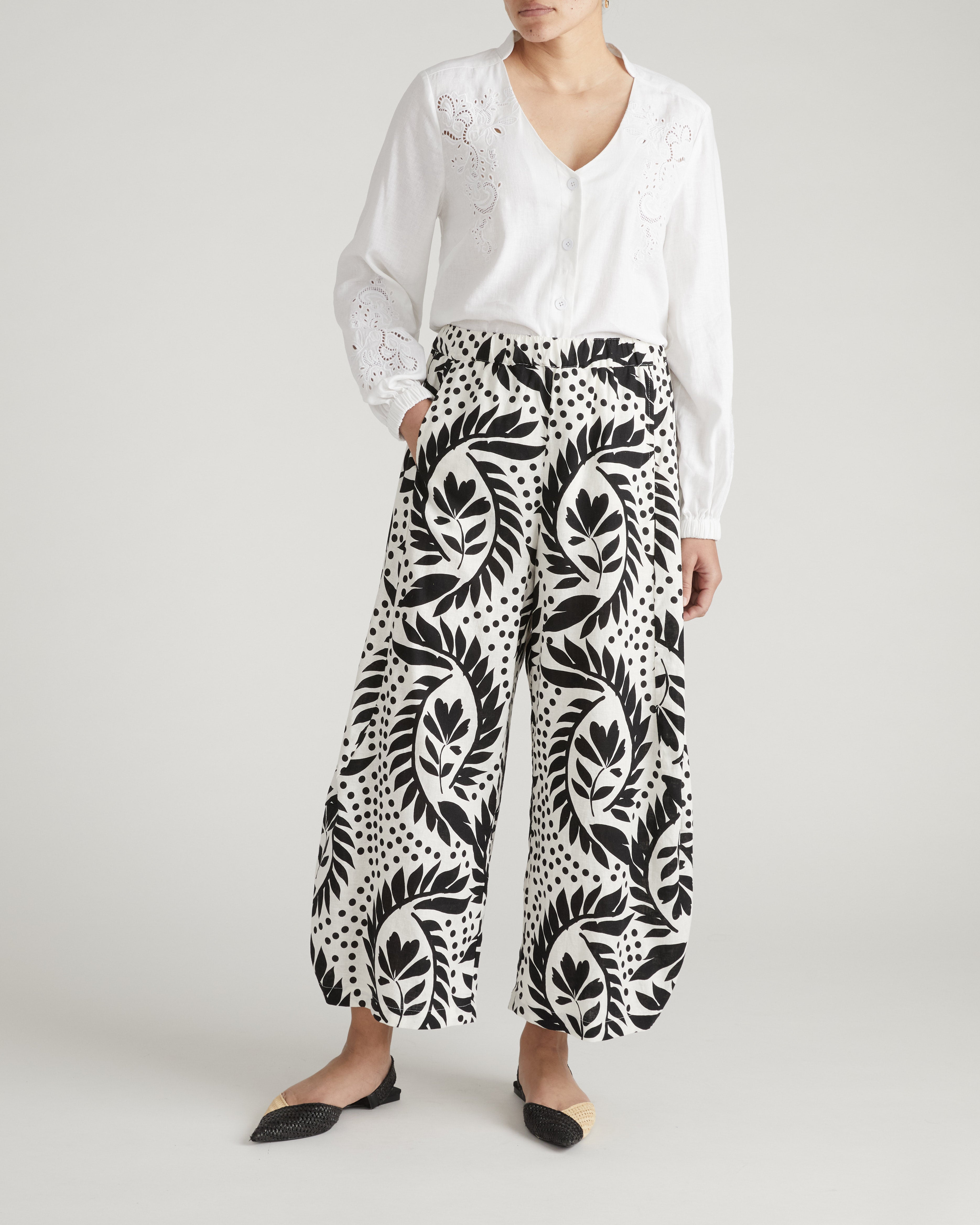Cosma Barrel Leg Linen Blend Pants - Vine Print
