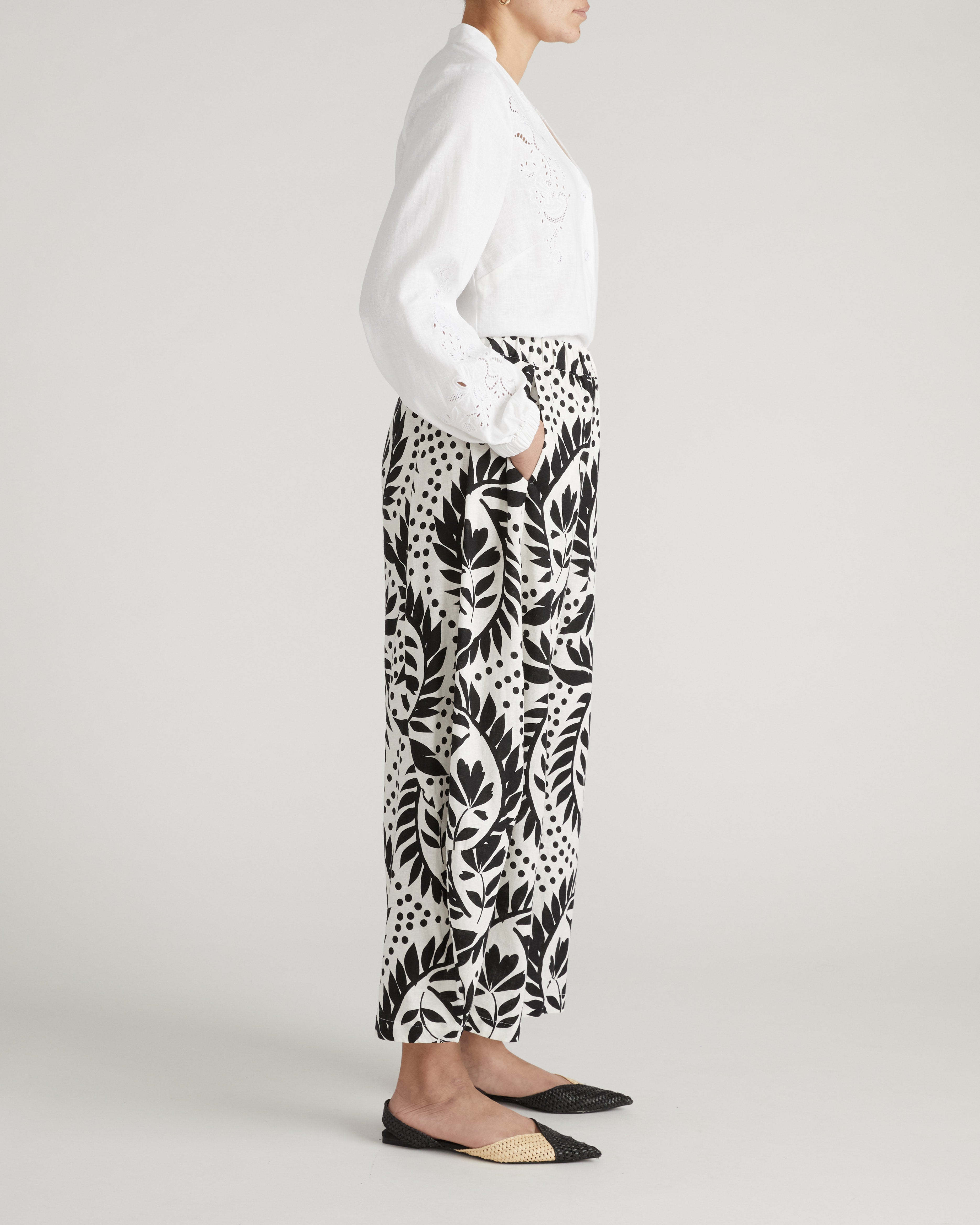 Cosma Barrel Leg Linen Blend Pants - Vine Print