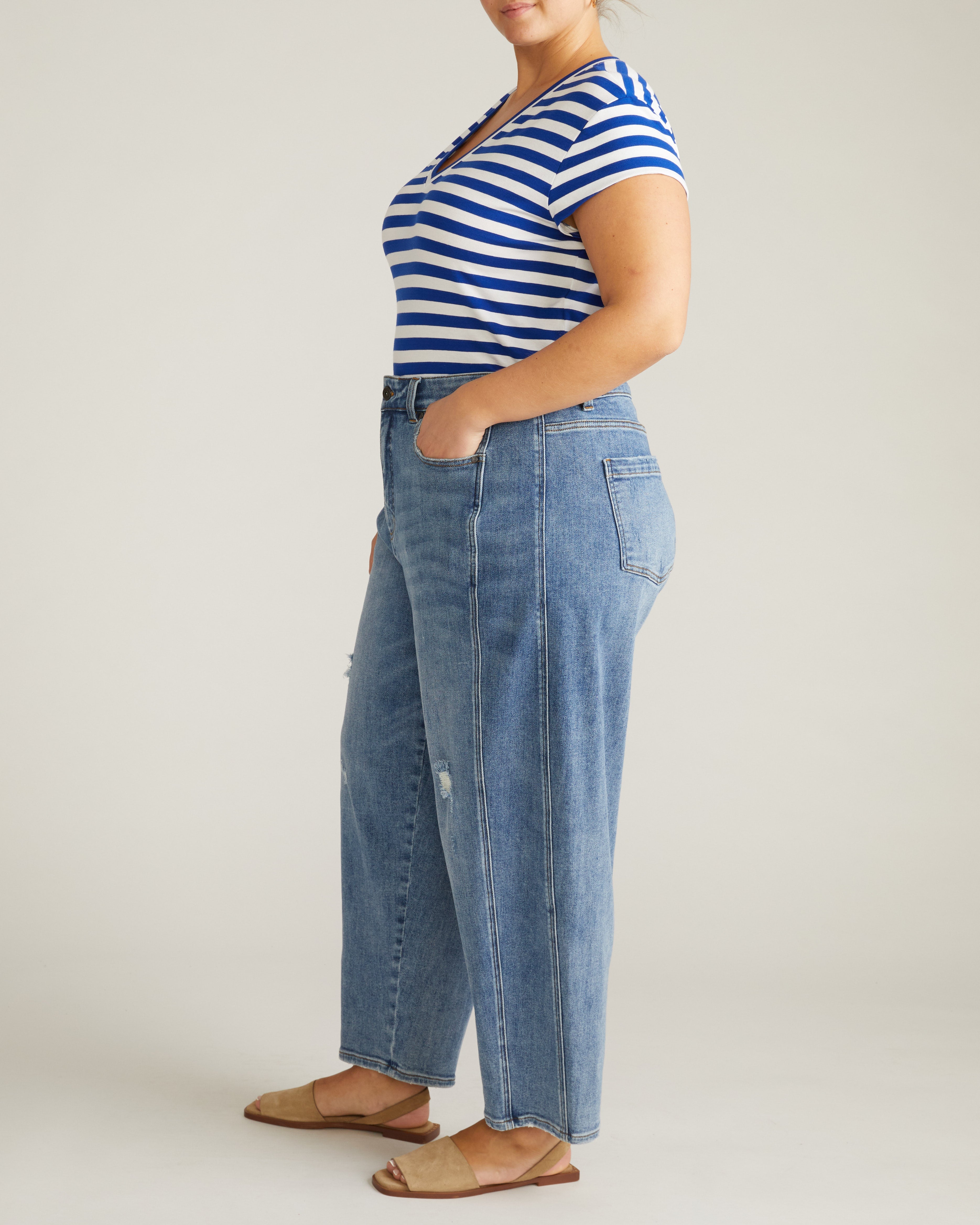 Ashley V Neck Cap Sleeve Tee - Hammersmith Blue/White Stripe