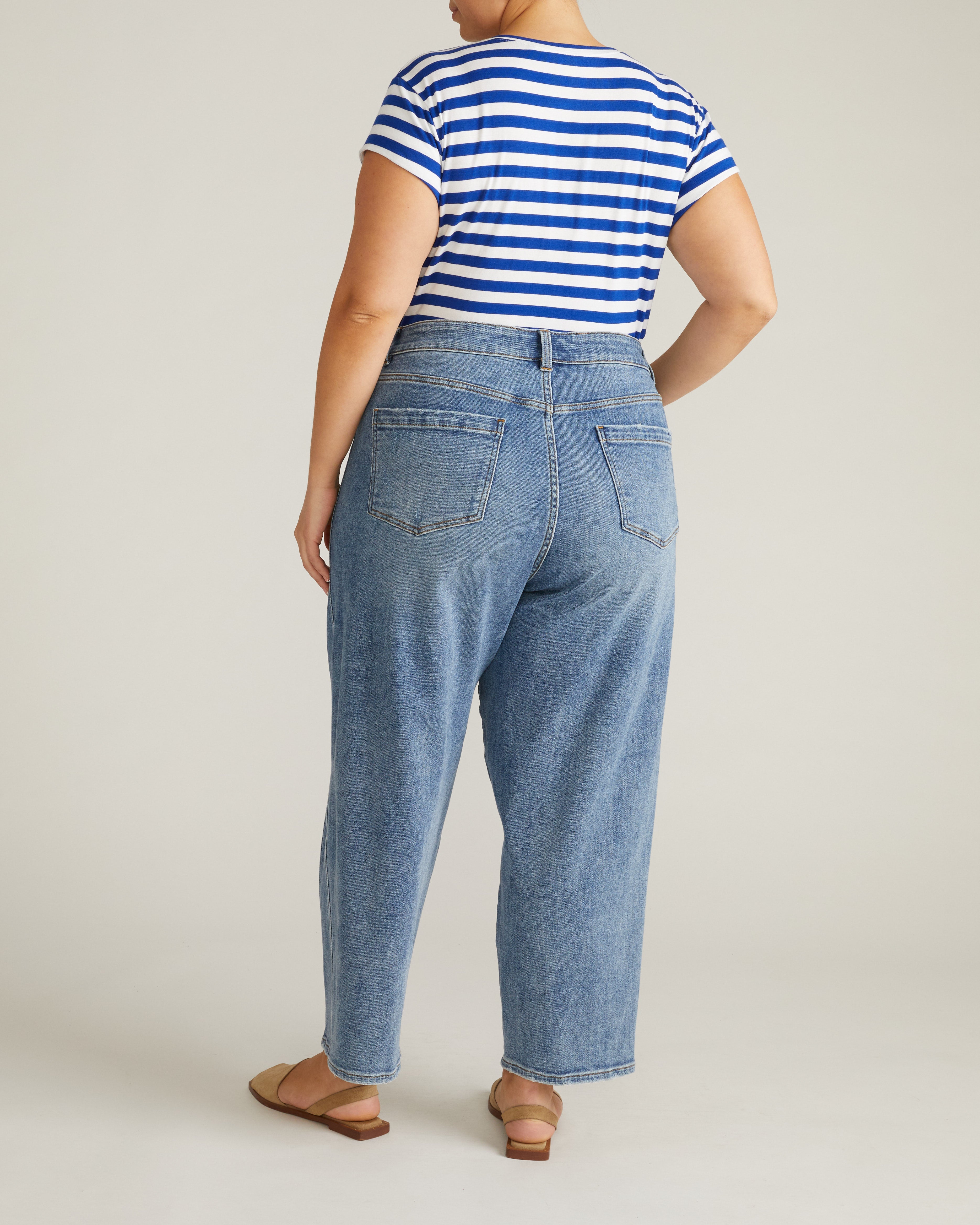 Ashley V Neck Cap Sleeve Tee - Hammersmith Blue/White Stripe