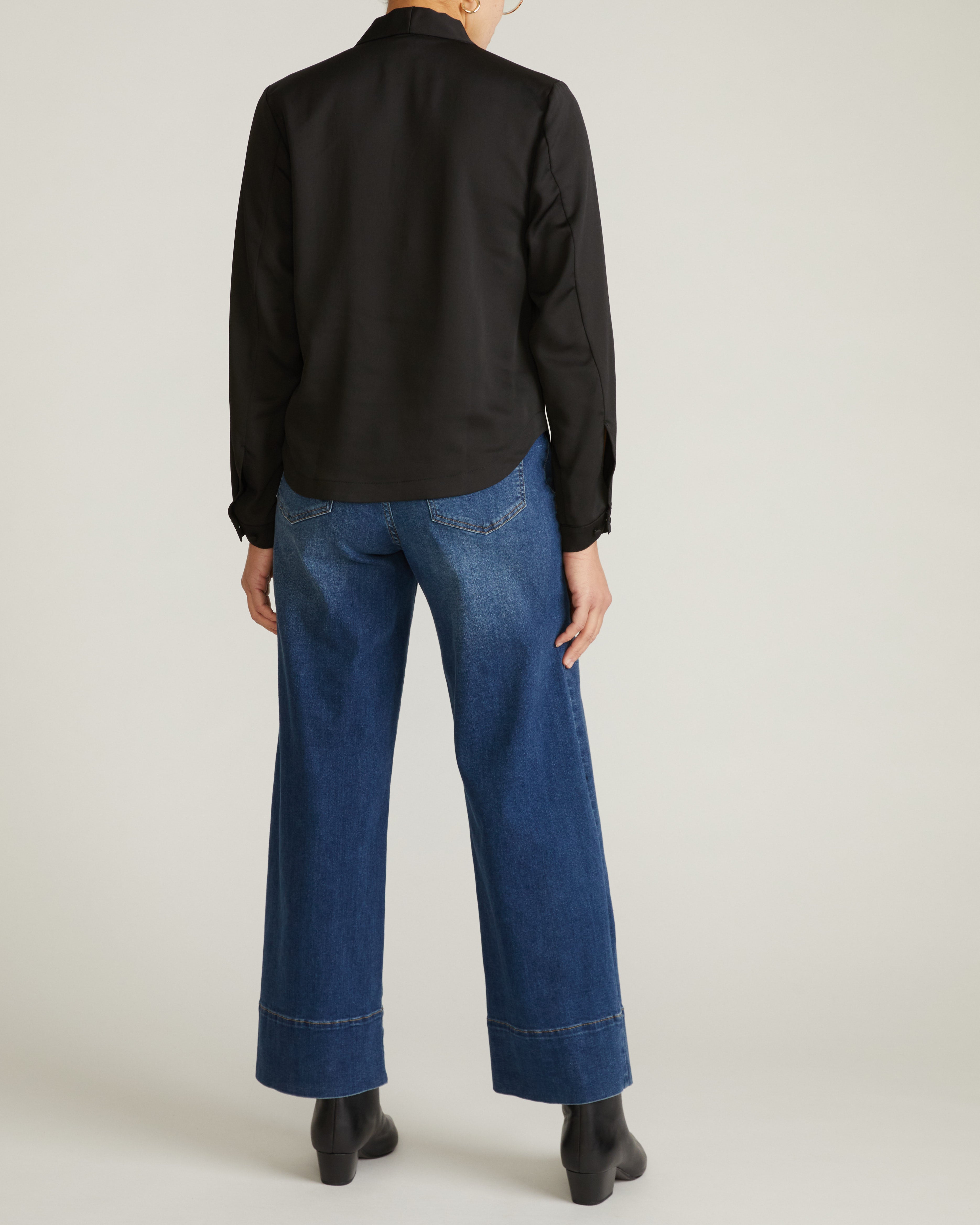 Beatrice Soft Satin Long Sleeve Top - Black