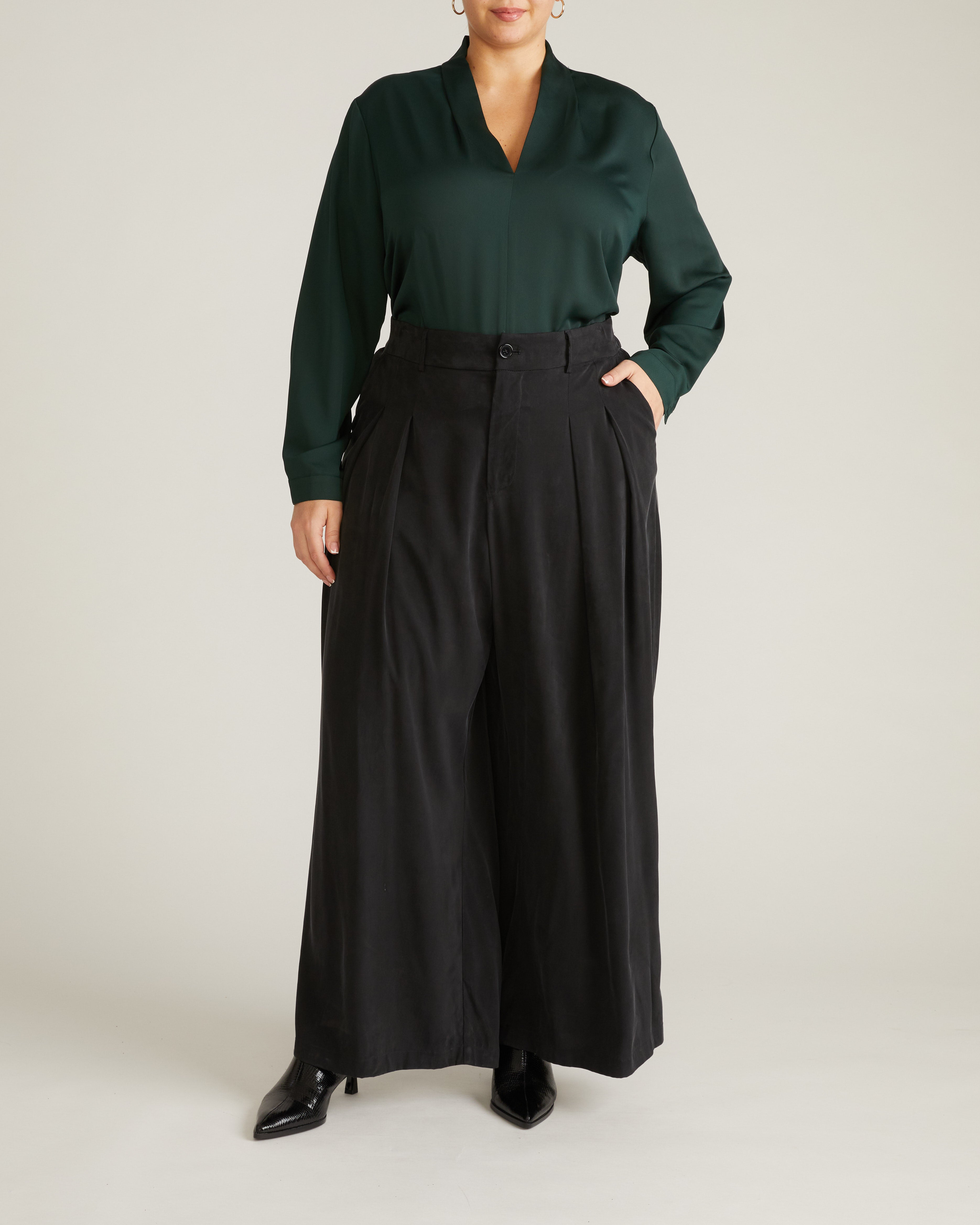 Beatrice Soft Satin Long Sleeve Top - Forest Green
