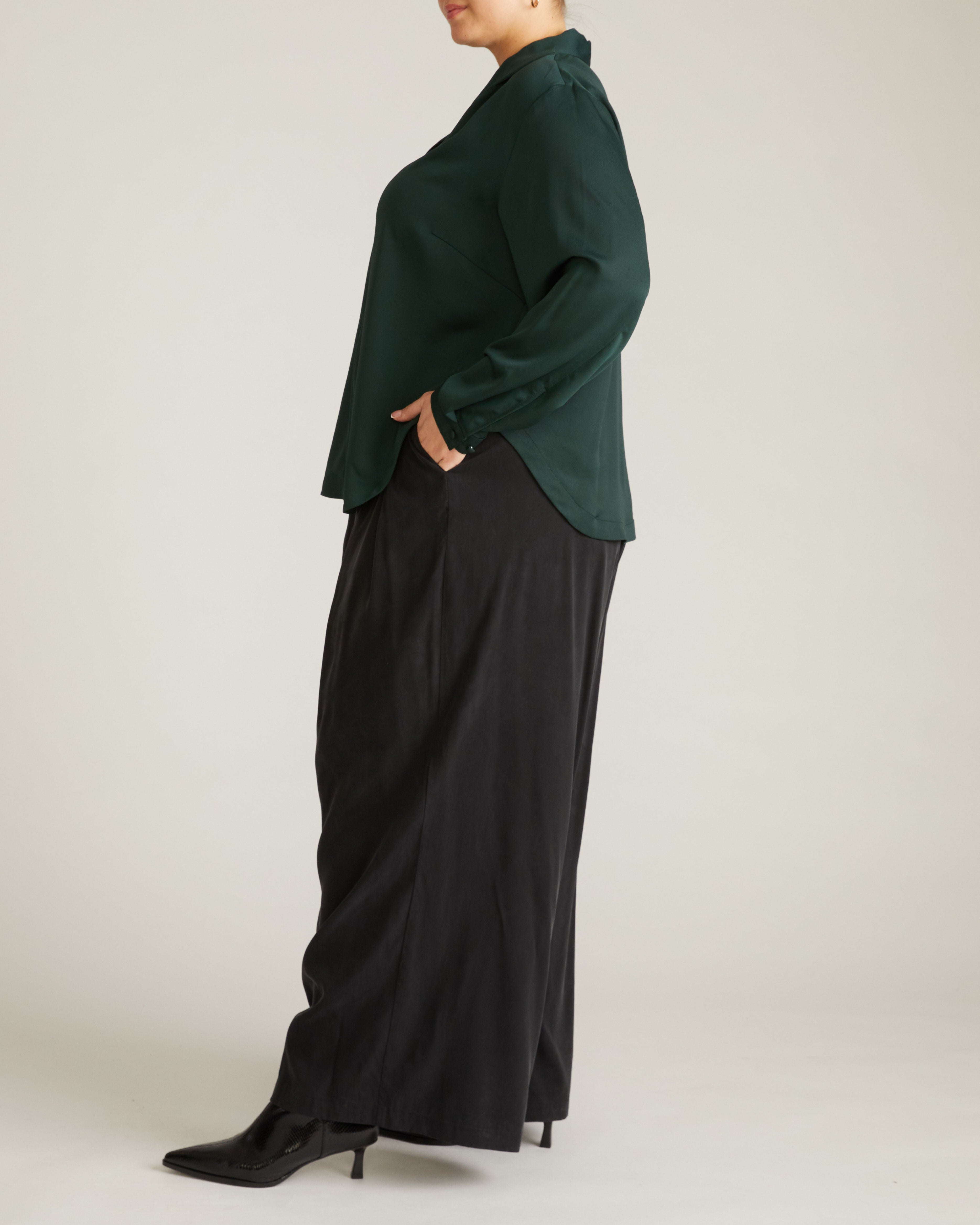Beatrice Soft Satin Long Sleeve Top - Forest Green
