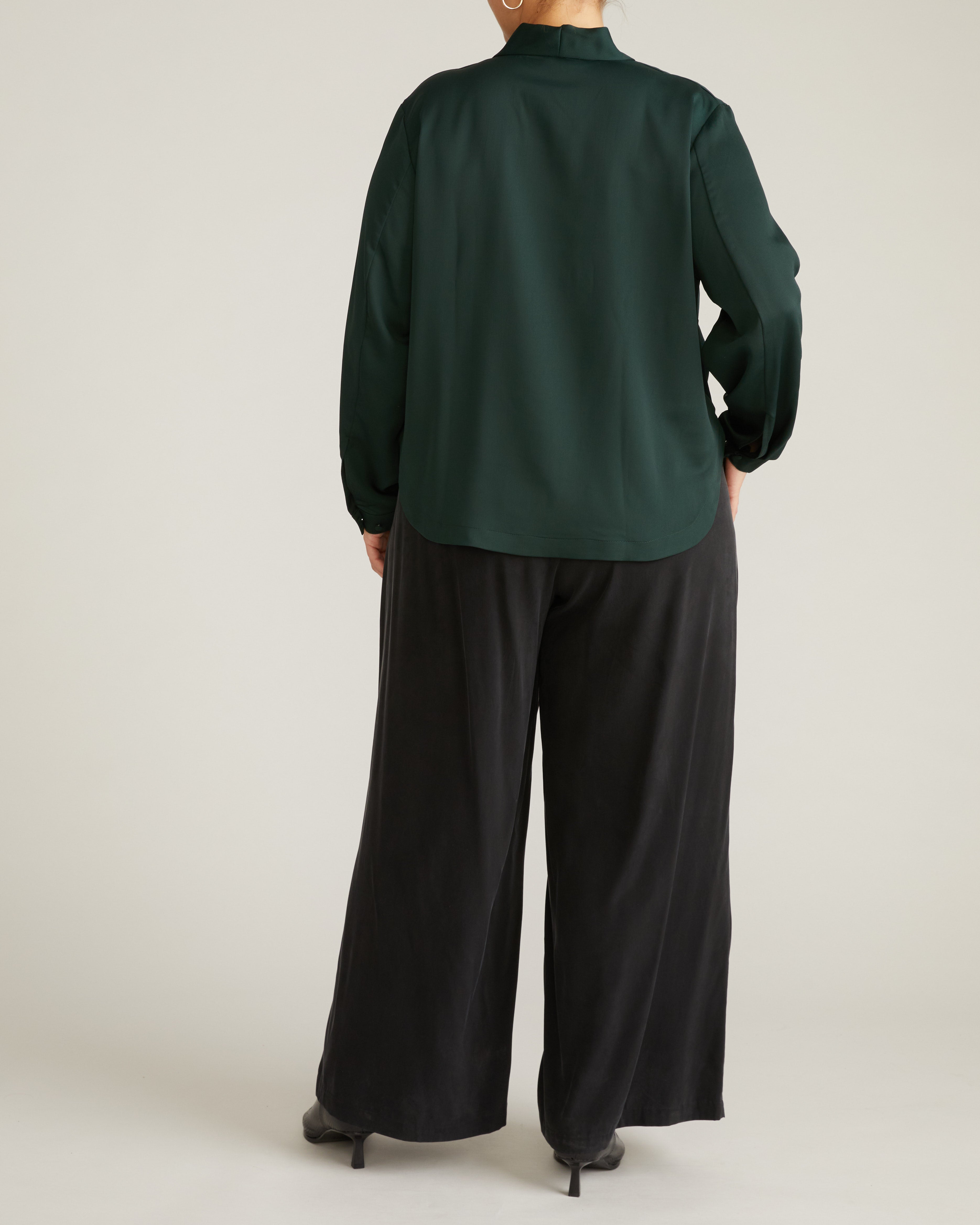 Beatrice Soft Satin Long Sleeve Top - Forest Green