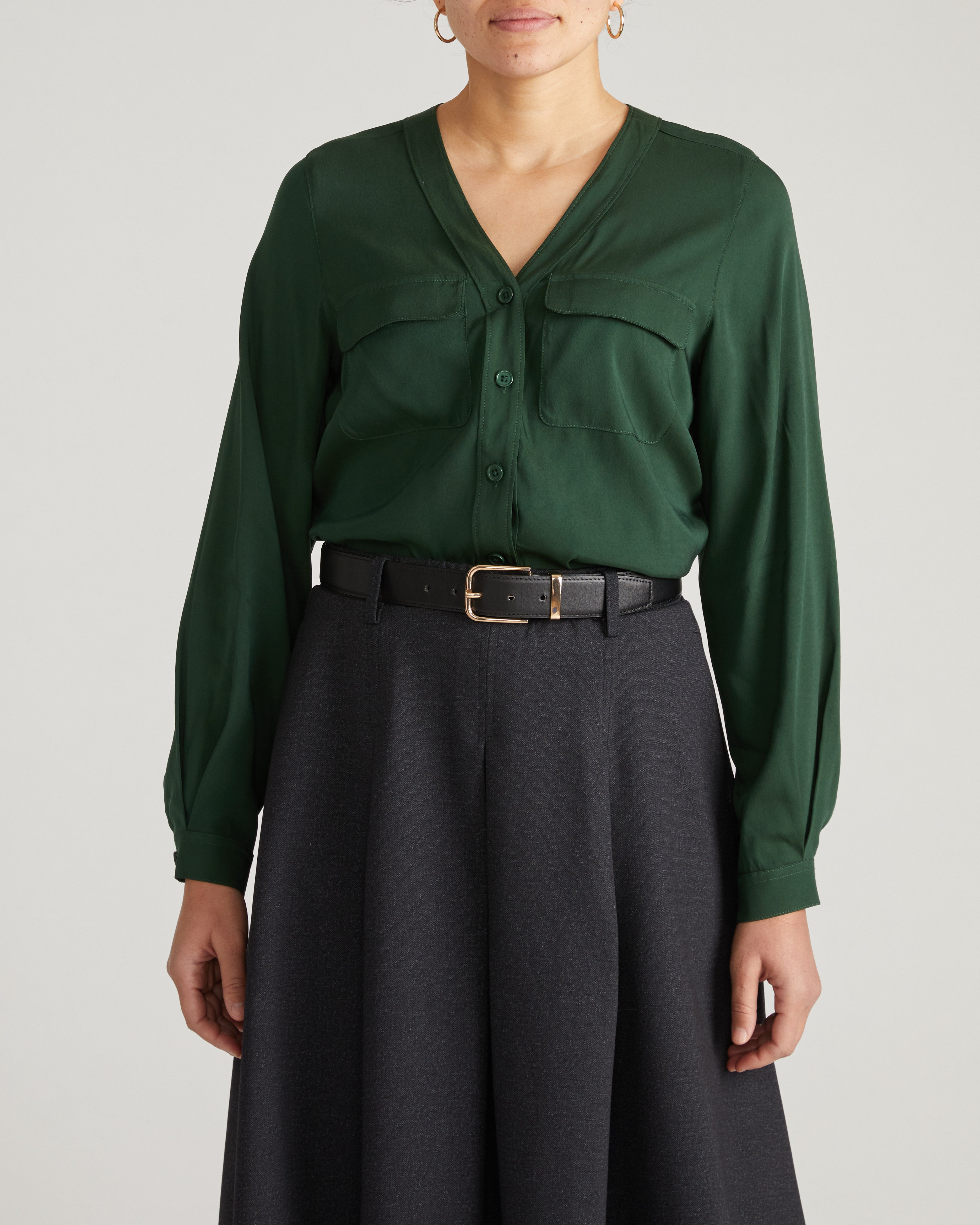 Cooling Stretch Cupro Button-Down Blouse - Forest Green