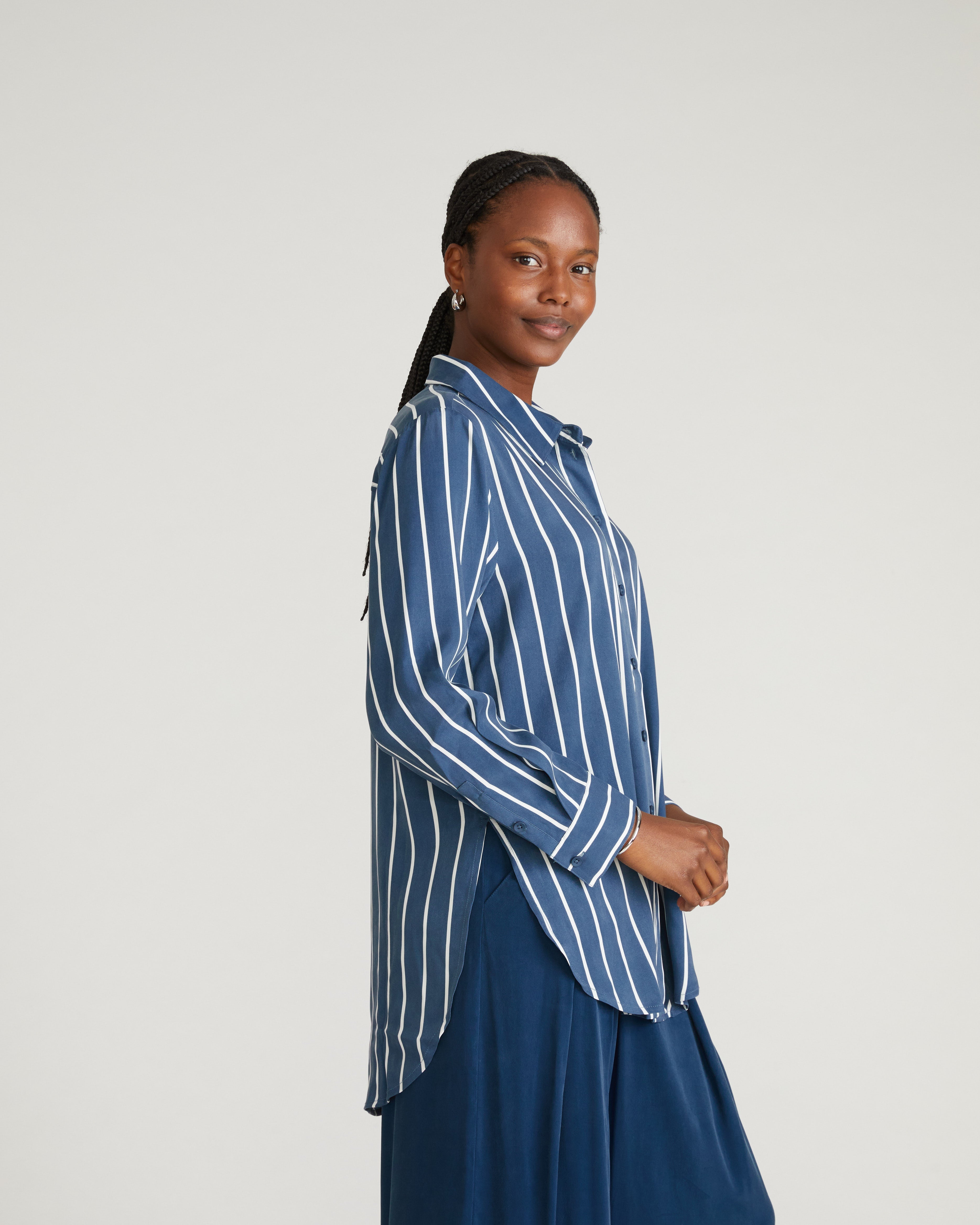 Cooling Stretch Cupro Oversized Artist Shirt - Ensign Blue/White Stripe