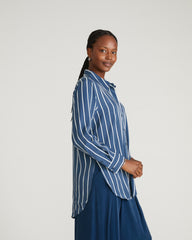 Cooling Stretch Cupro Oversized Artist Shirt - Ensign Blue/White Stripe