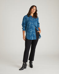 Cooling Stretch Cupro Oversized Artist Shirt - Rose Print in Deep Teal