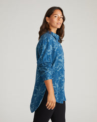 Cooling Stretch Cupro Oversized Artist Shirt - Rose Print in Deep Teal
