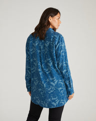 Cooling Stretch Cupro Oversized Artist Shirt - Rose Print in Deep Teal