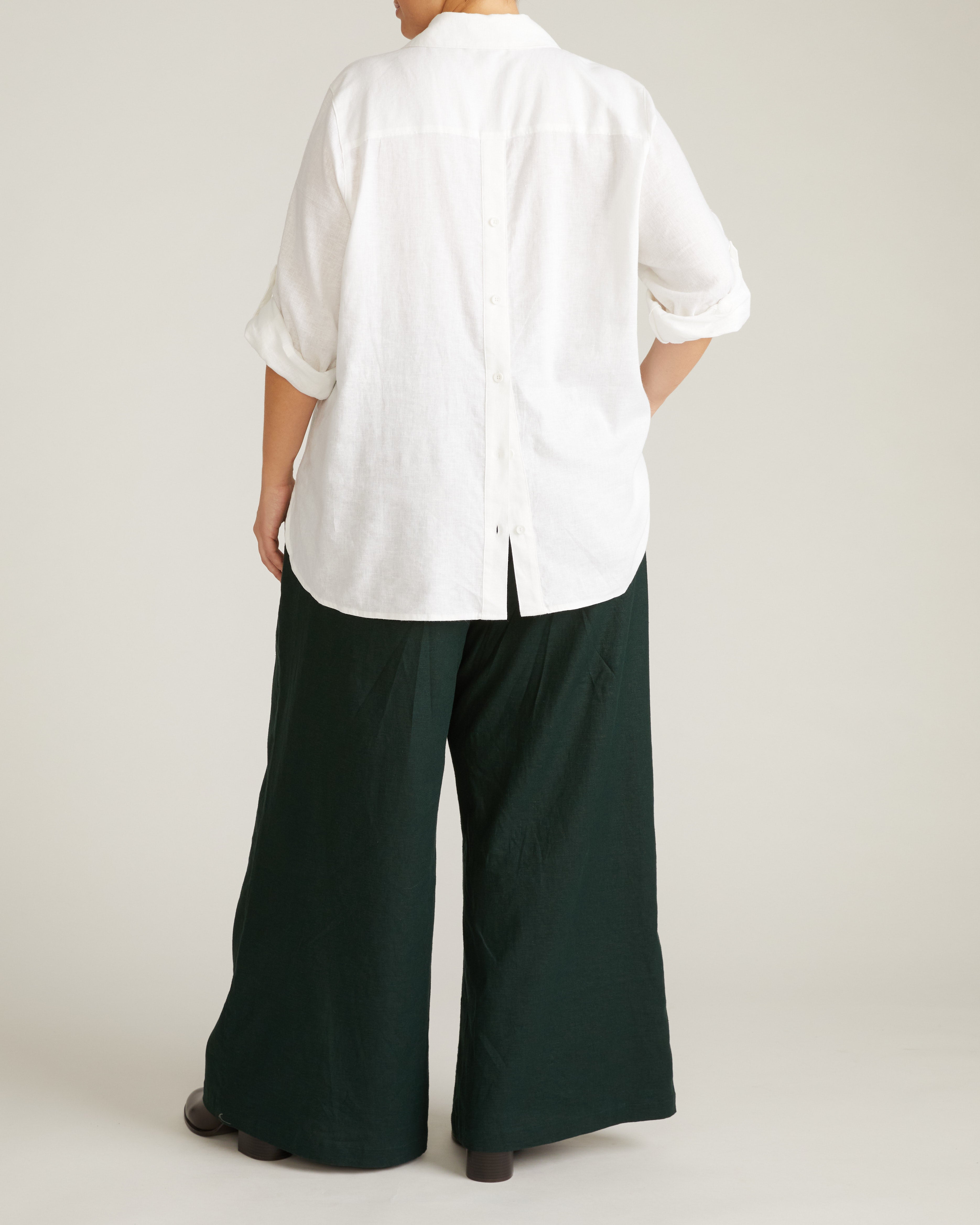 Button Back Linen Blend Polo Shirt - Bright White