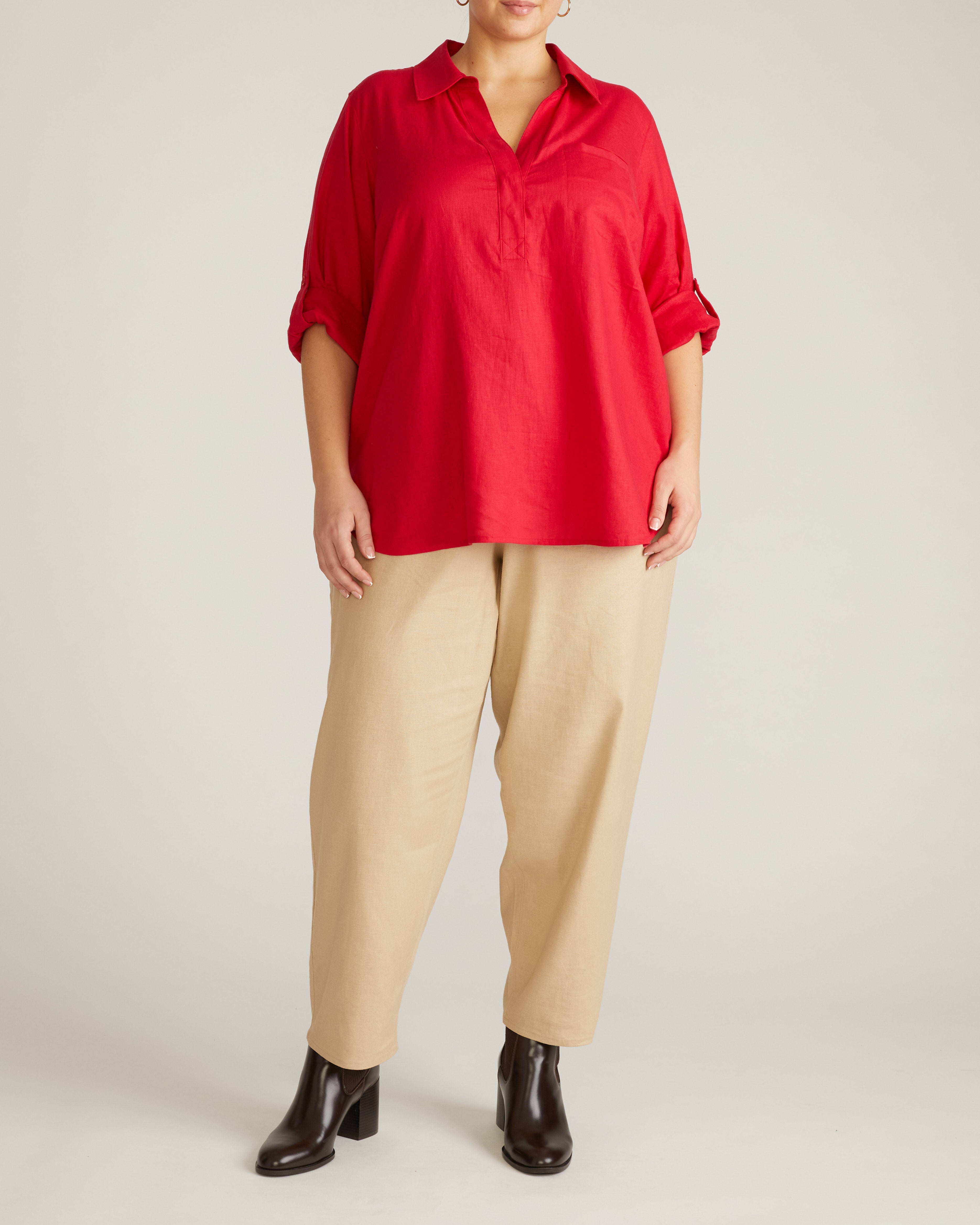 Button Back Linen Blend Polo Shirt - Brilliant Red