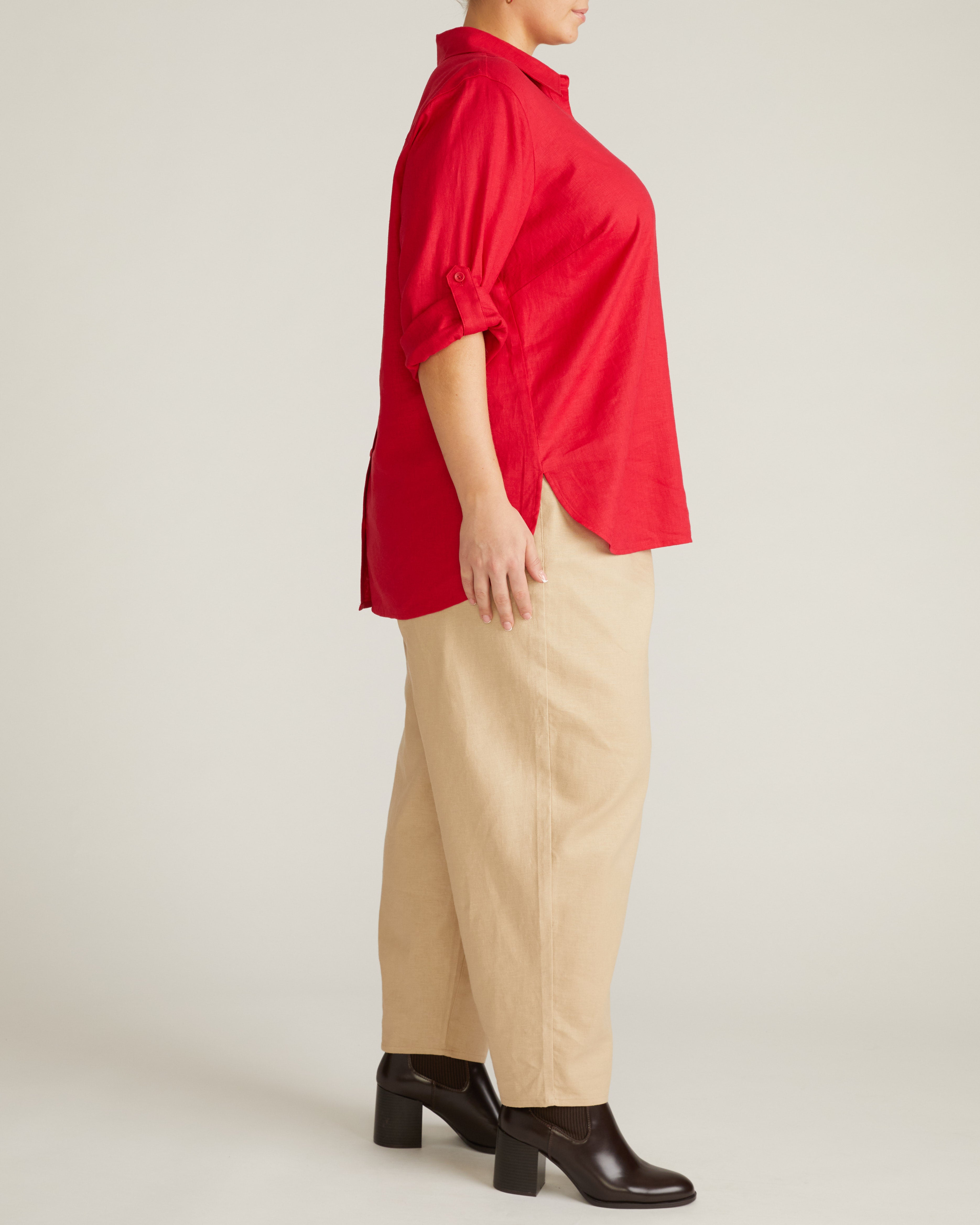 Button Back Linen Blend Polo Shirt - Brilliant Red