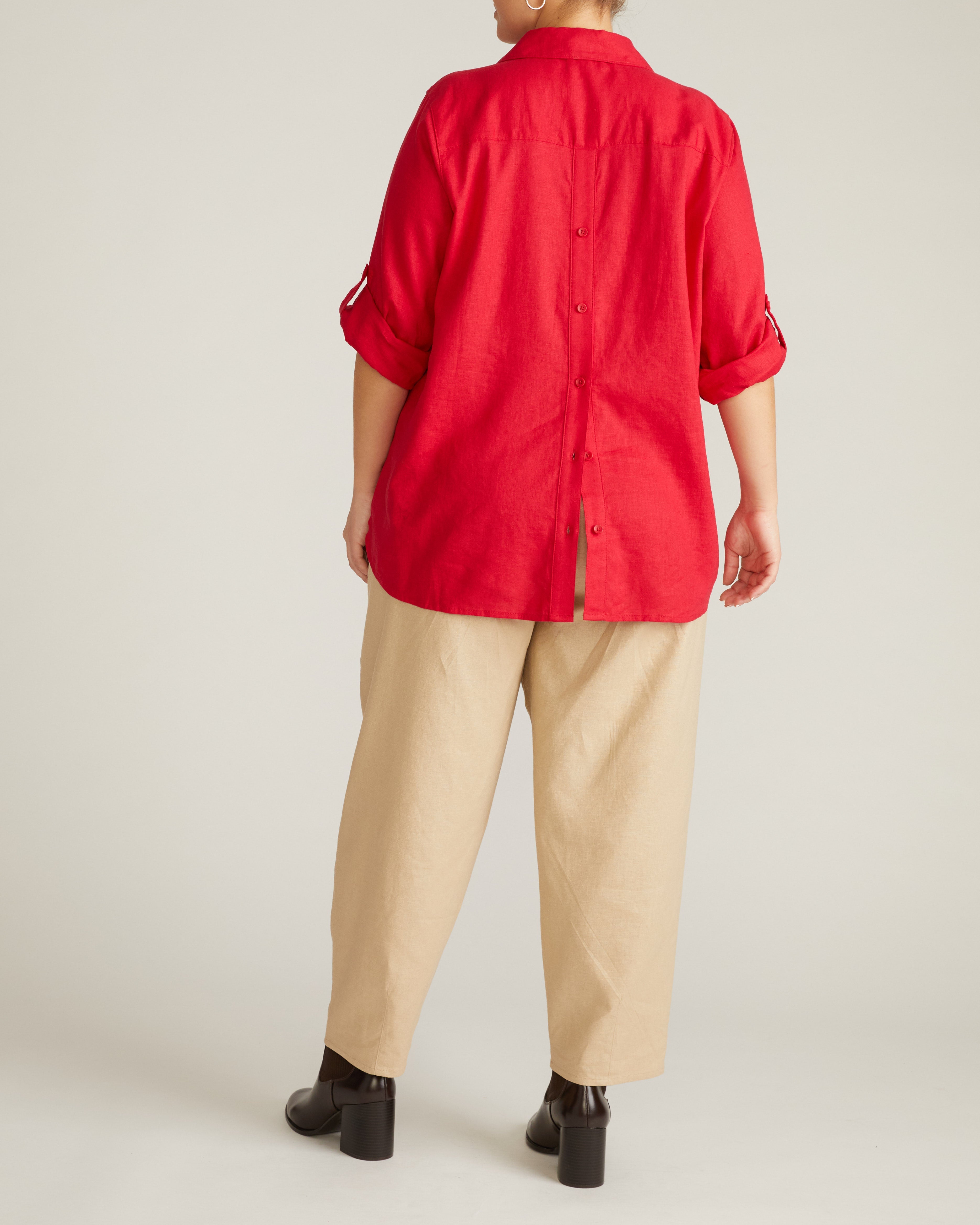 Button Back Linen Blend Polo Shirt - Brilliant Red