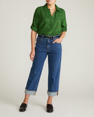 Button Back Linen Blend Polo Shirt - Green Park