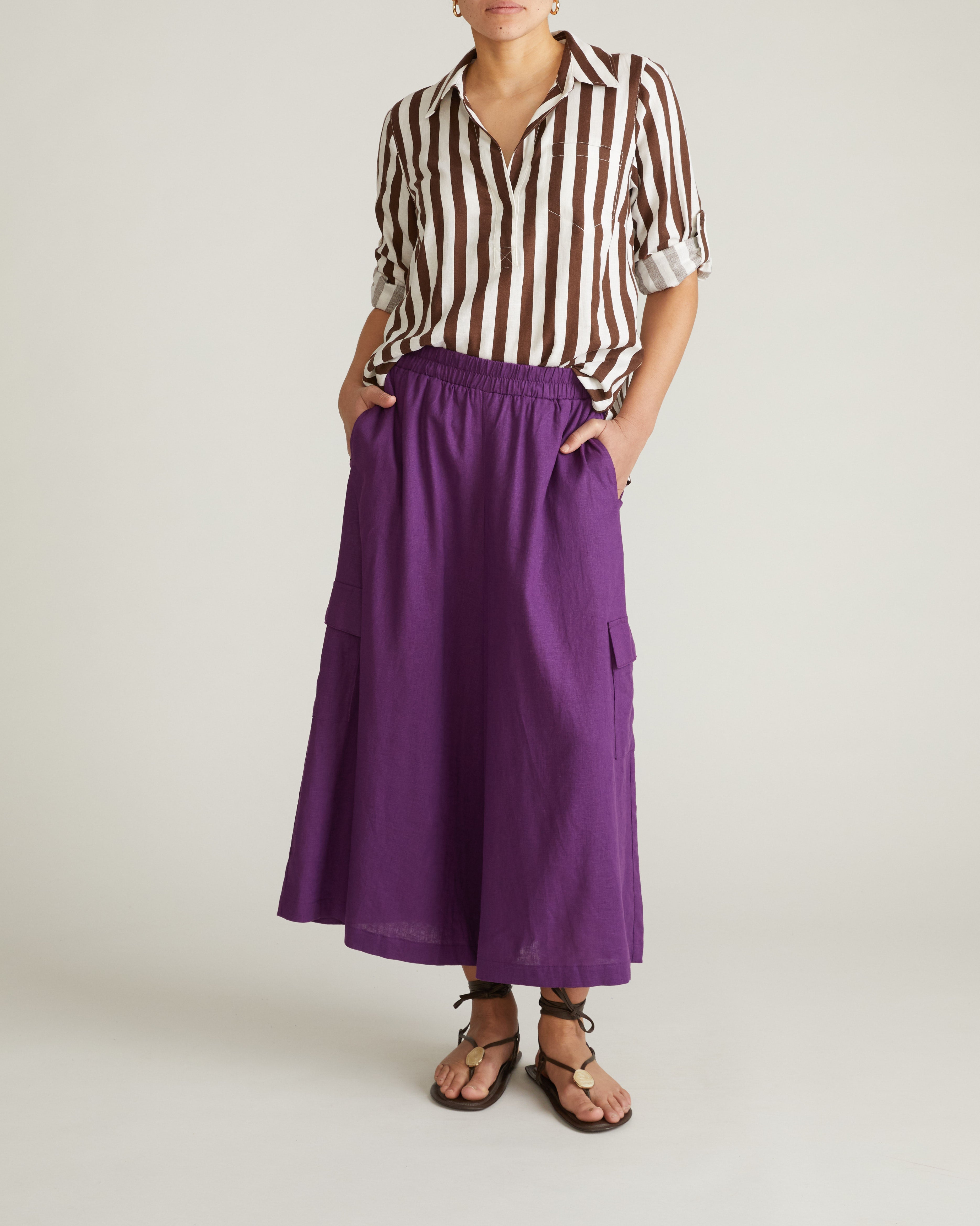 Button Back Linen Blend Polo Shirt - Peppercorn Stripe