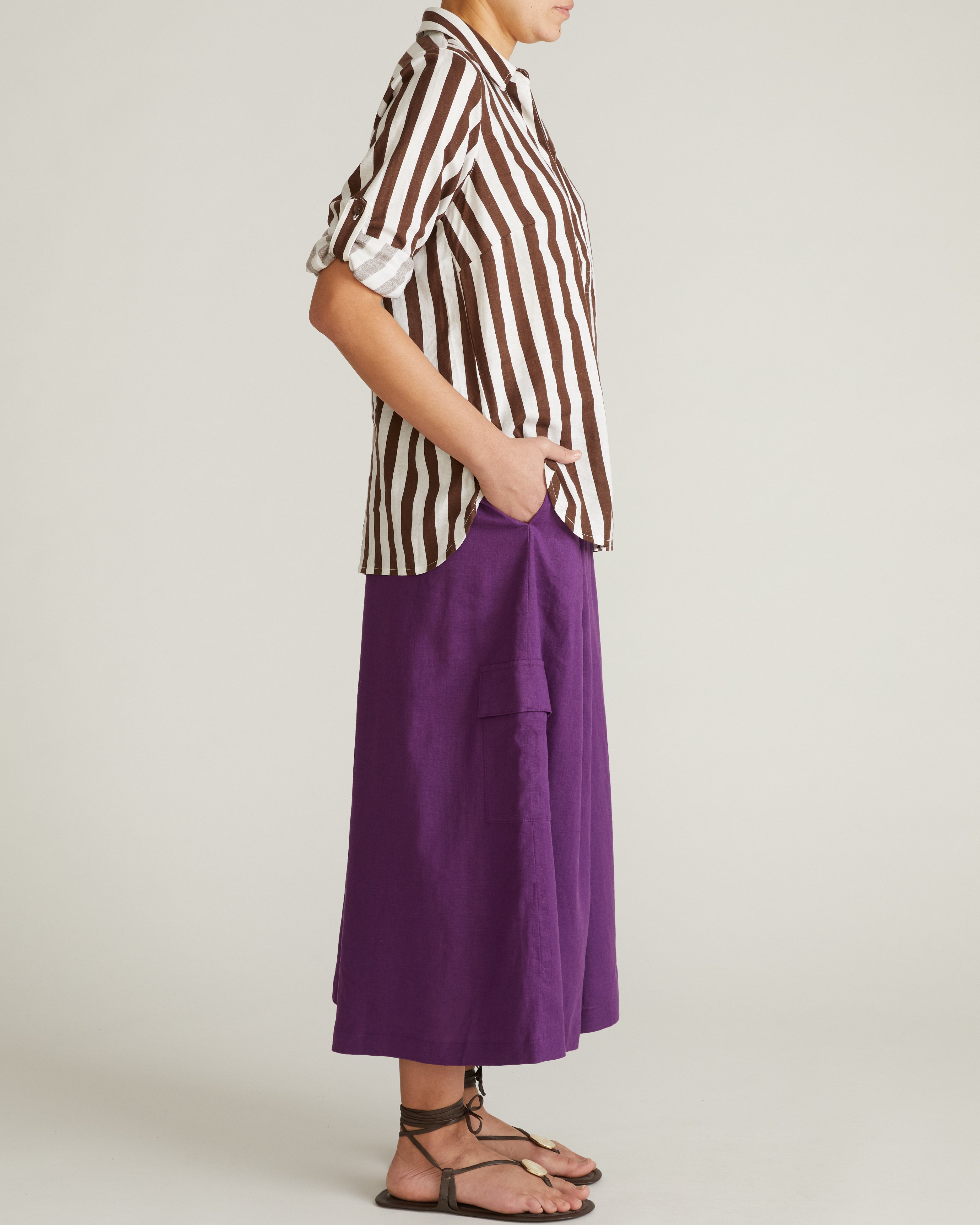 Button Back Linen Blend Polo Shirt - Peppercorn Stripe