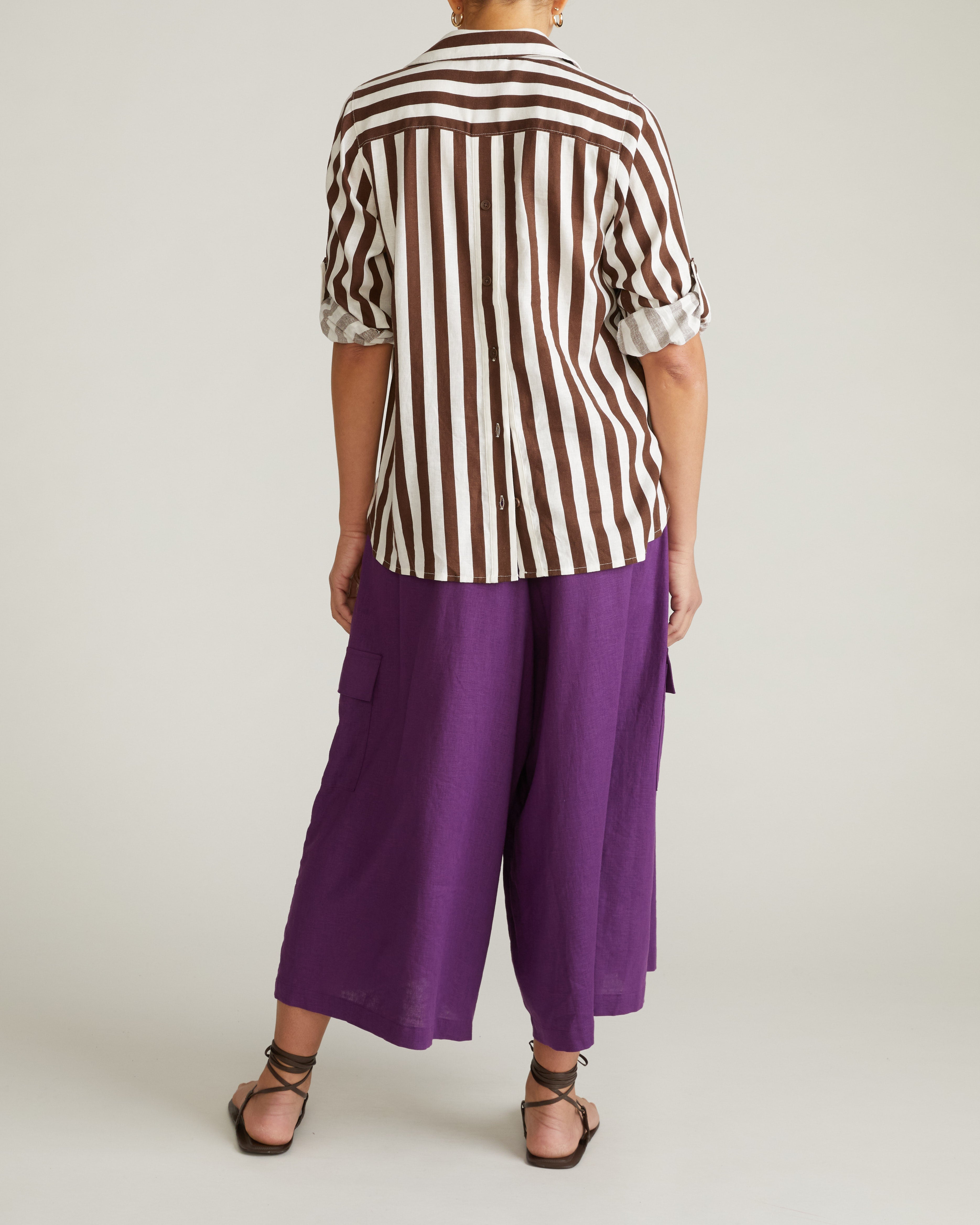 Button Back Linen Blend Polo Shirt - Peppercorn Stripe