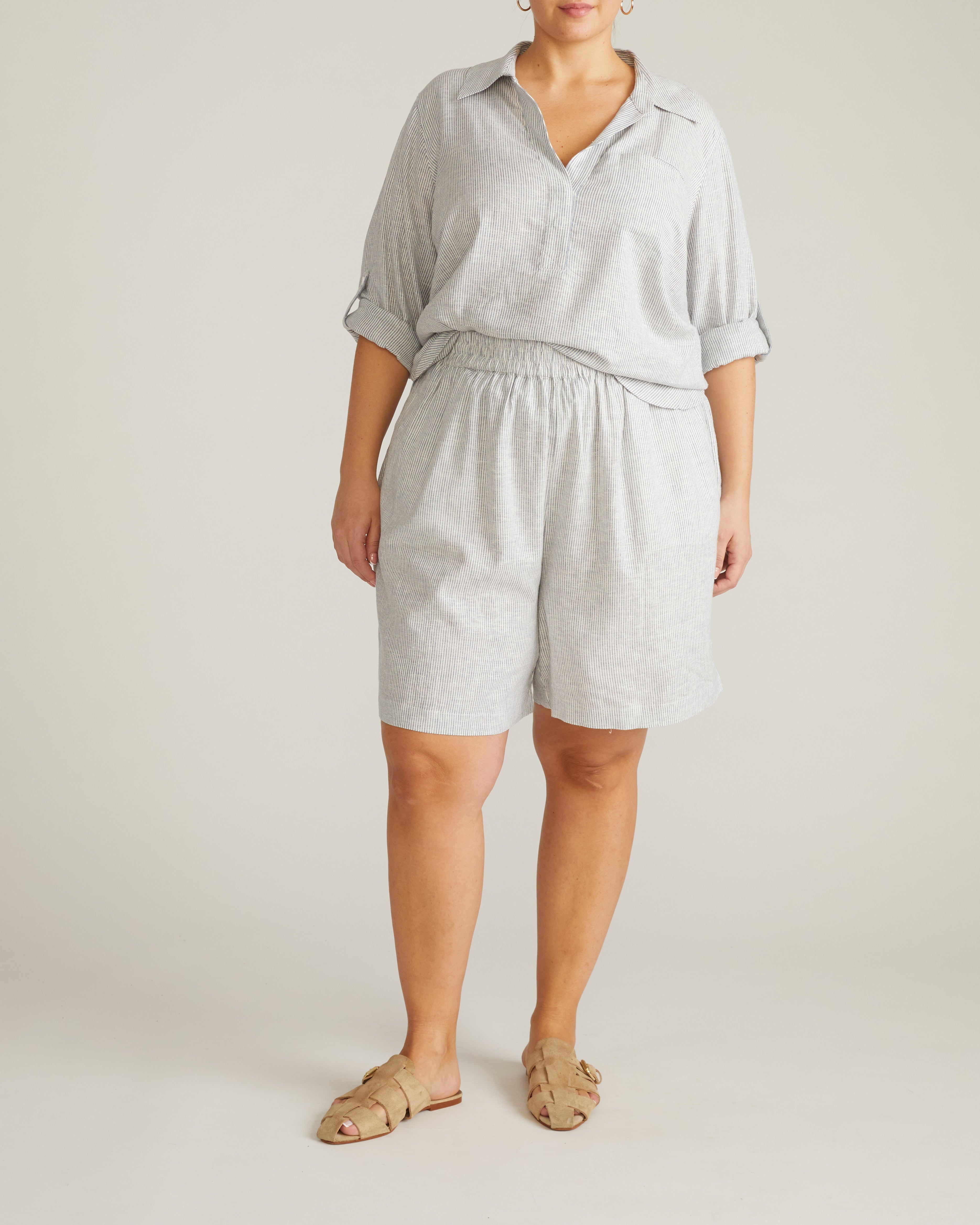 Button Back Linen Blend Polo Shirt - Beach Stripe
