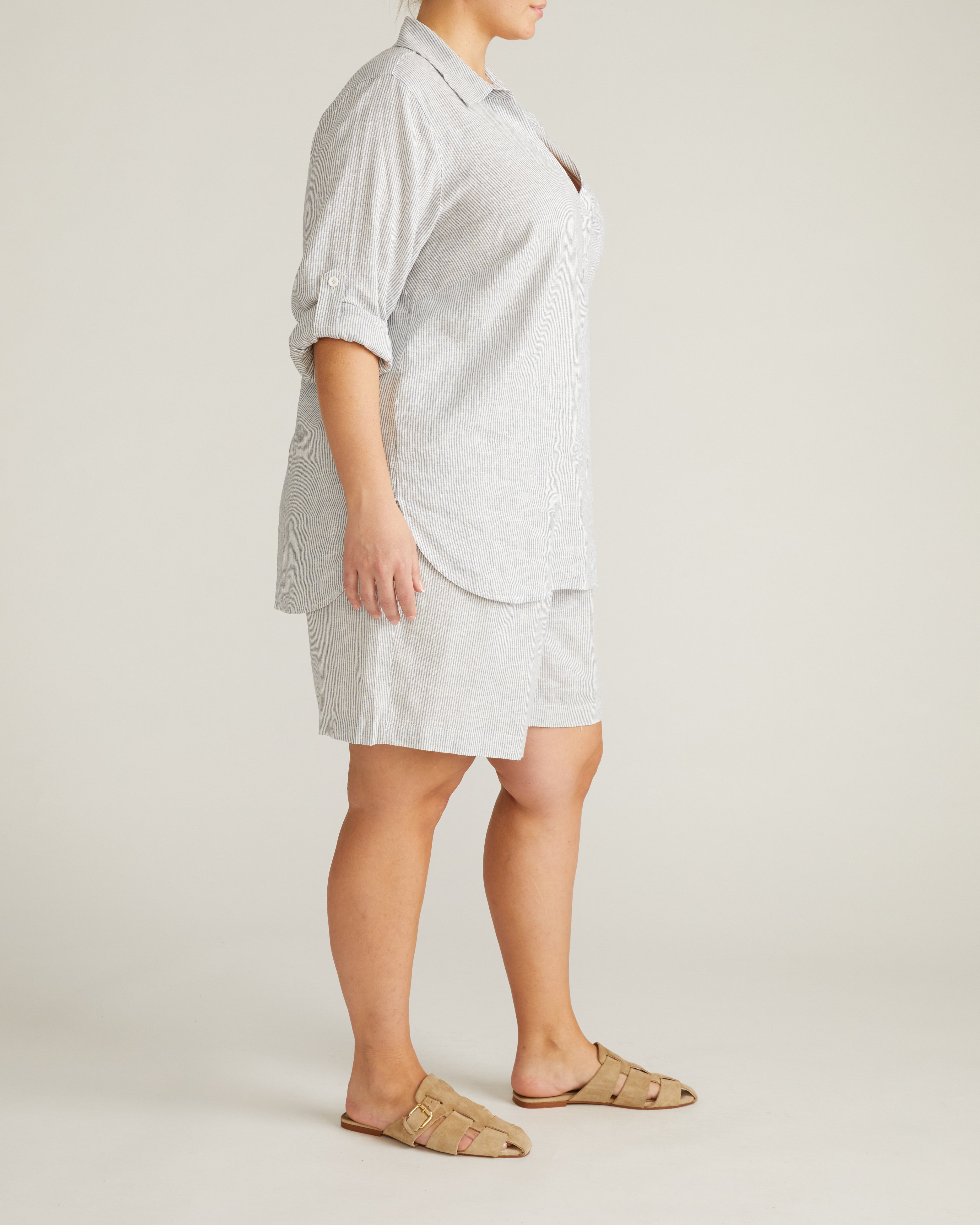 Button Back Linen Blend Polo Shirt - Beach Stripe