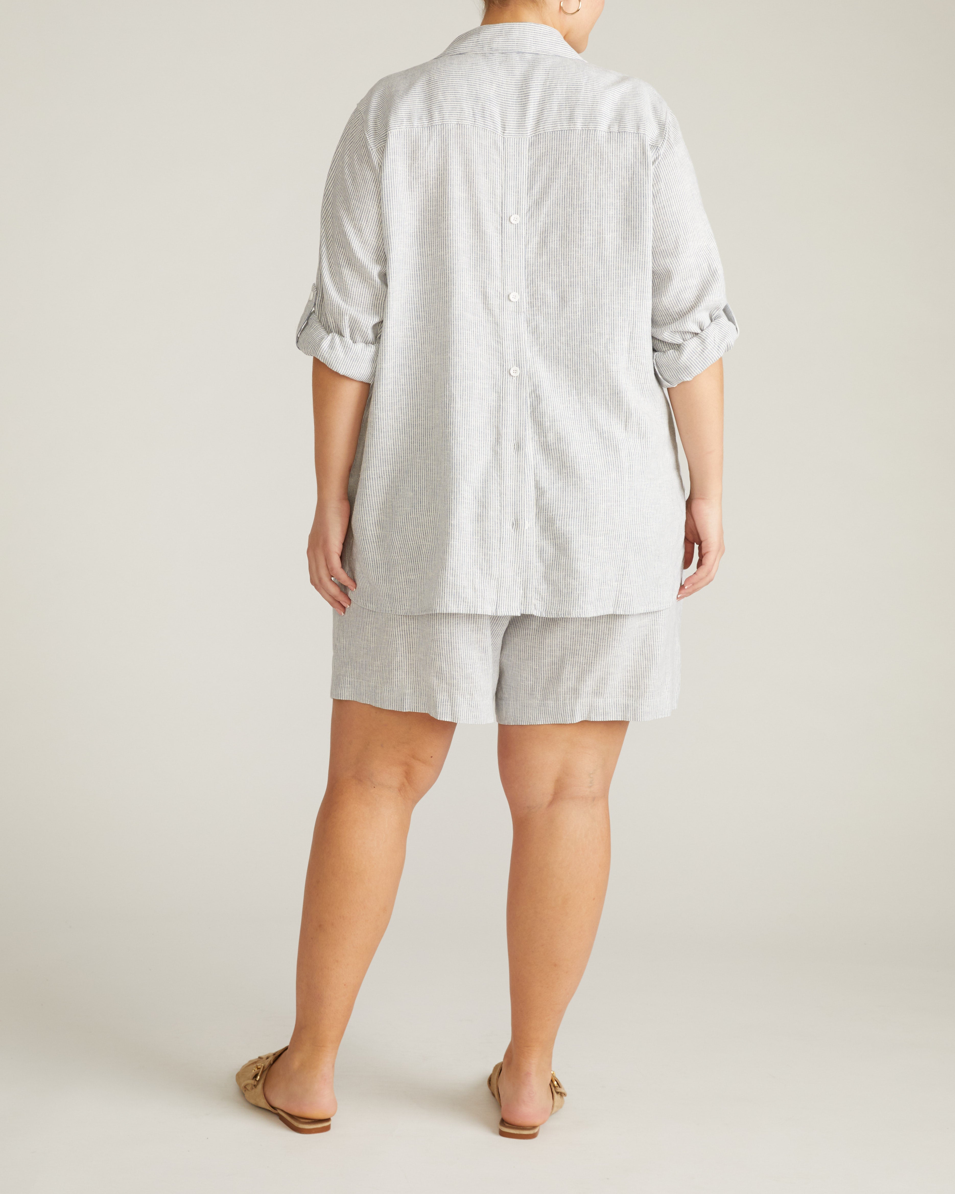 Button Back Linen Blend Polo Shirt - Beach Stripe