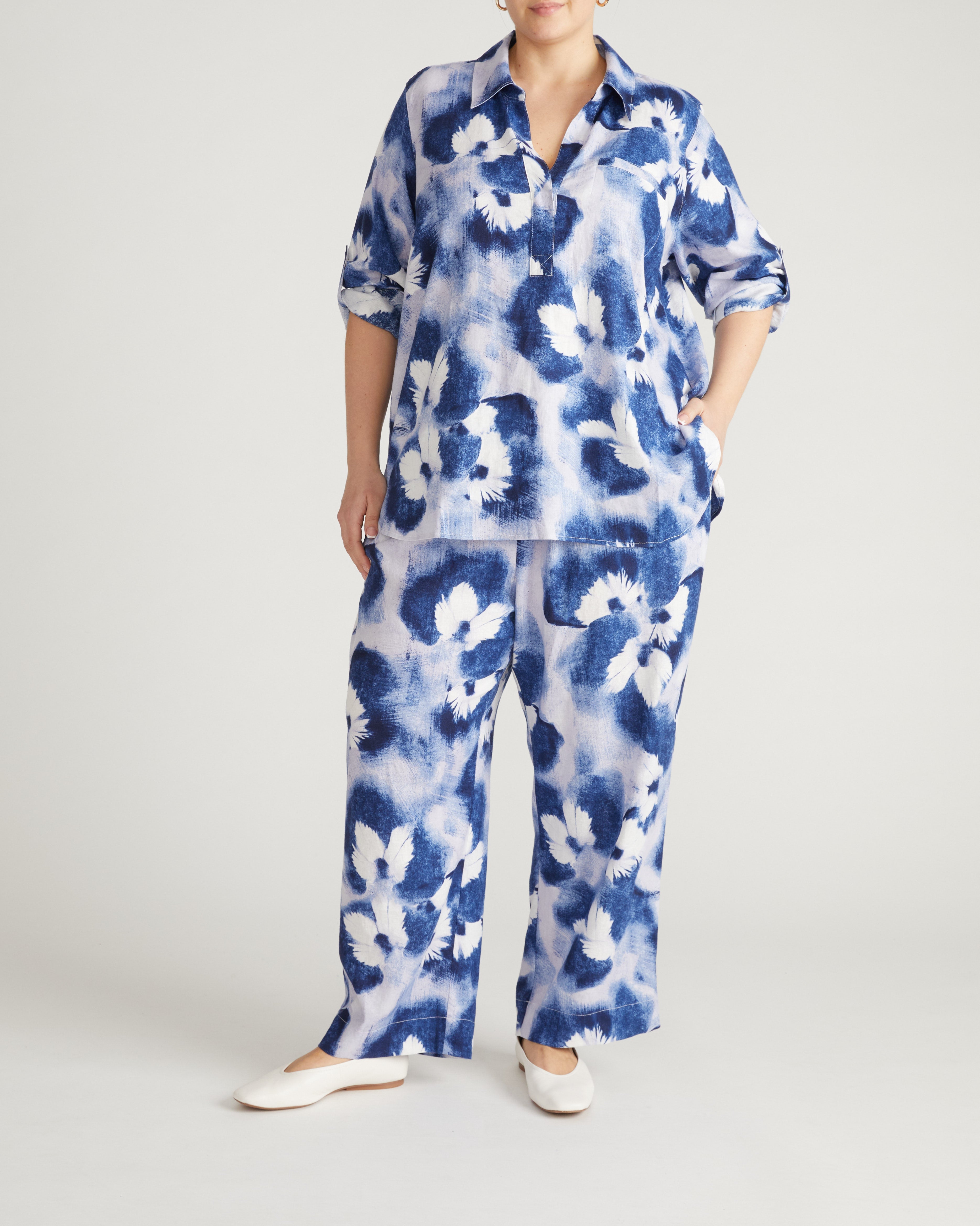 Button Back Linen Blend Polo Shirt - Blue Pressed Flower Print