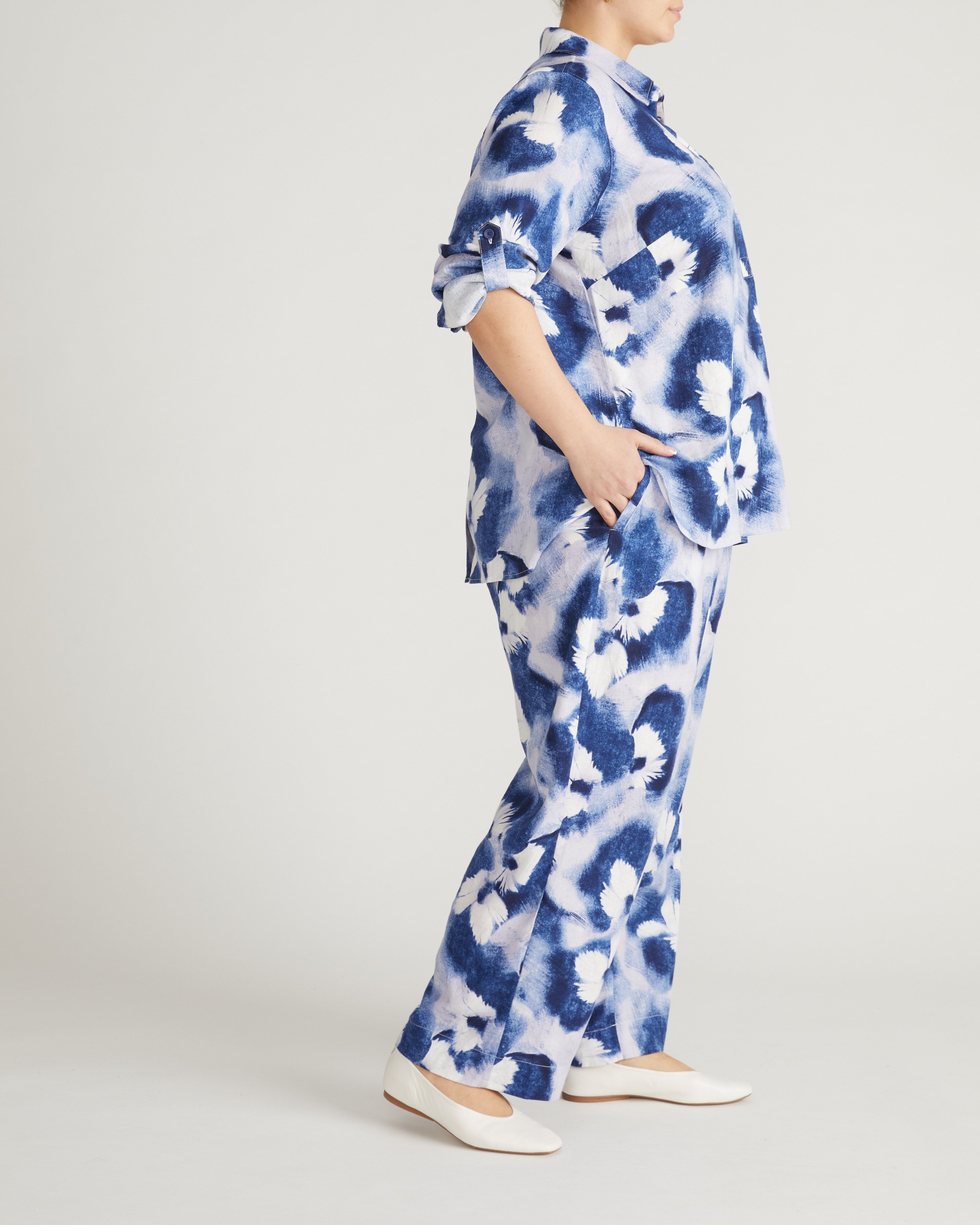 Button Back Linen Blend Polo Shirt - Blue Pressed Flower Print