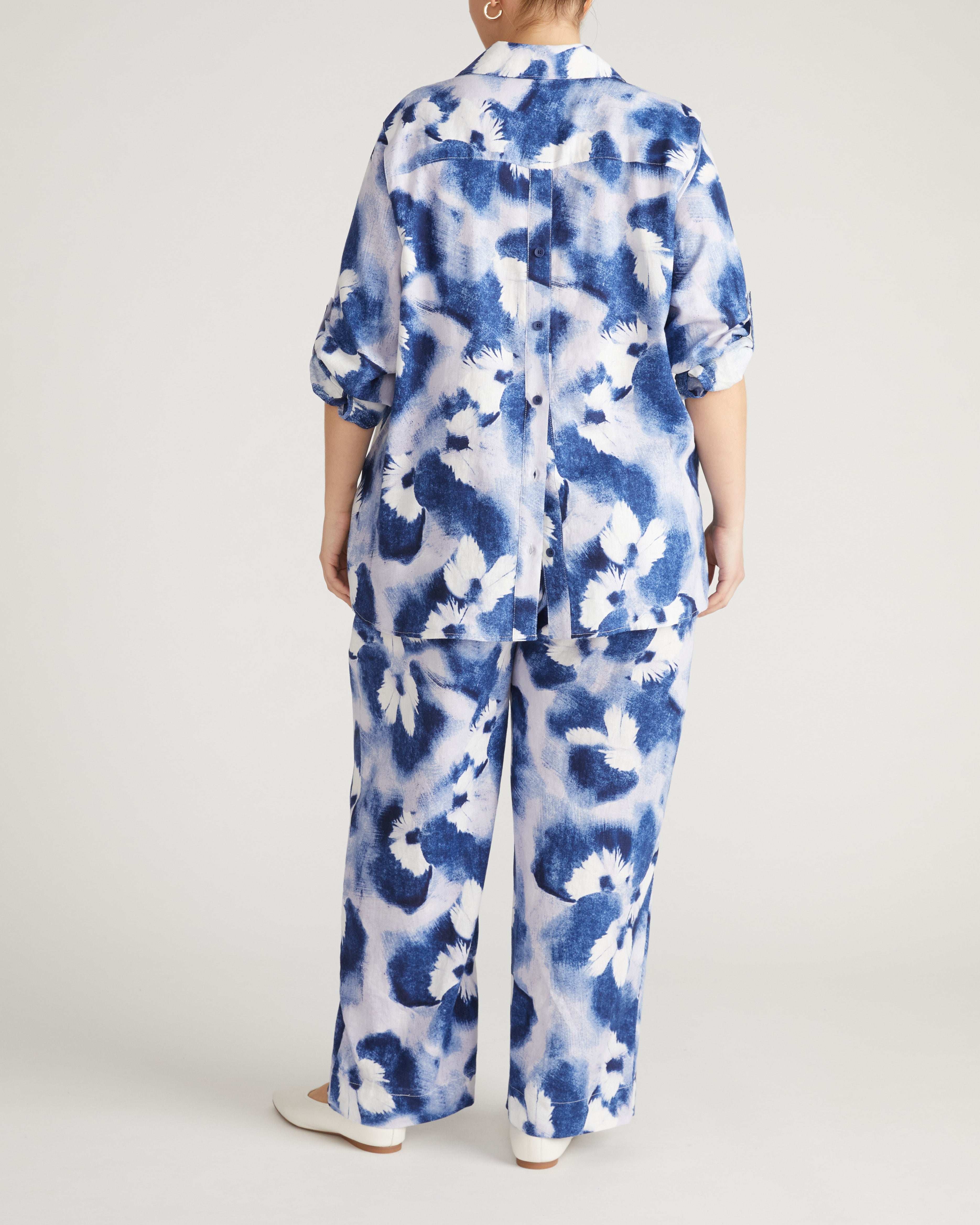 Button Back Linen Blend Polo Shirt - Blue Pressed Flower Print