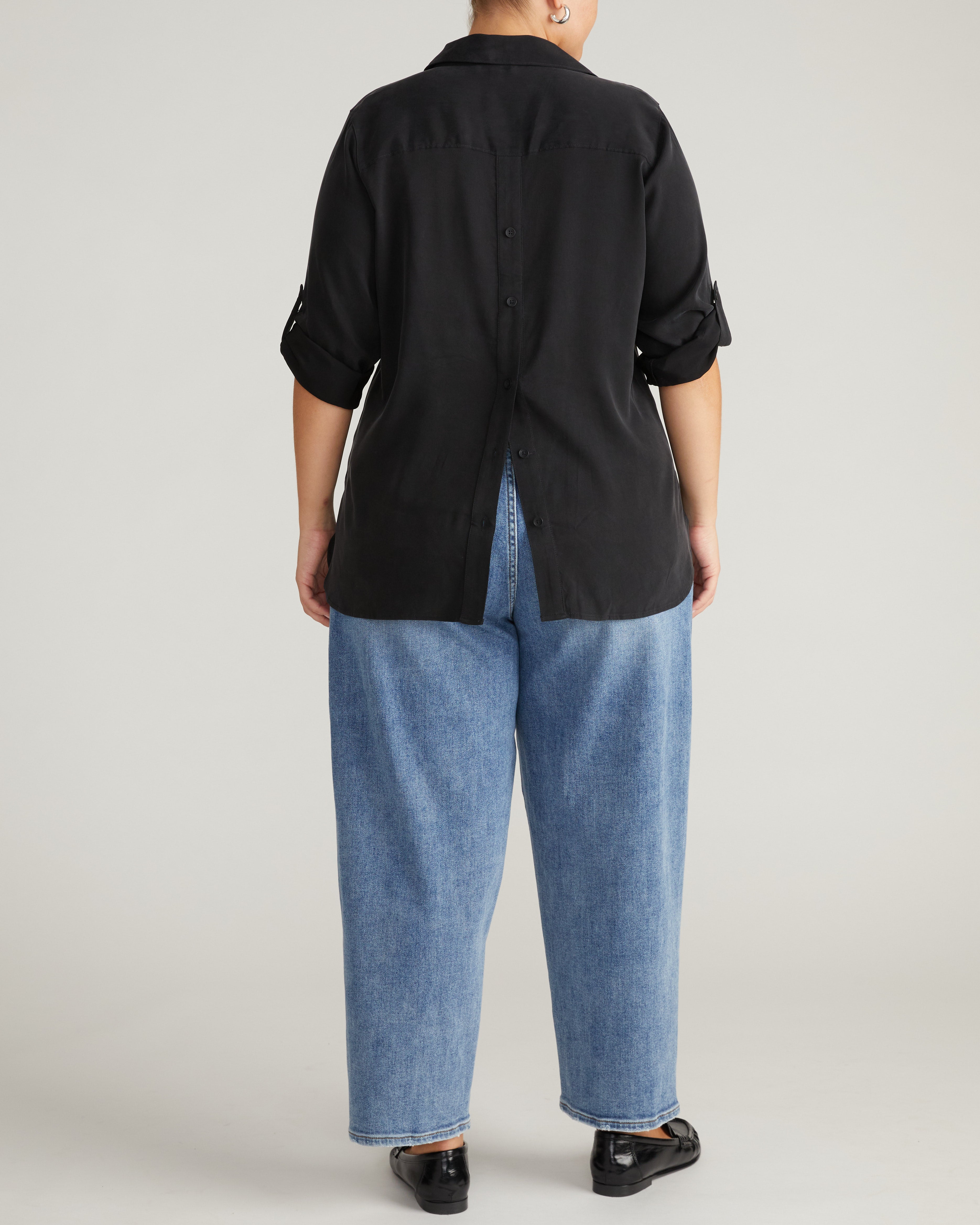 Button Back Stretch Cupro Polo Shirt - Black