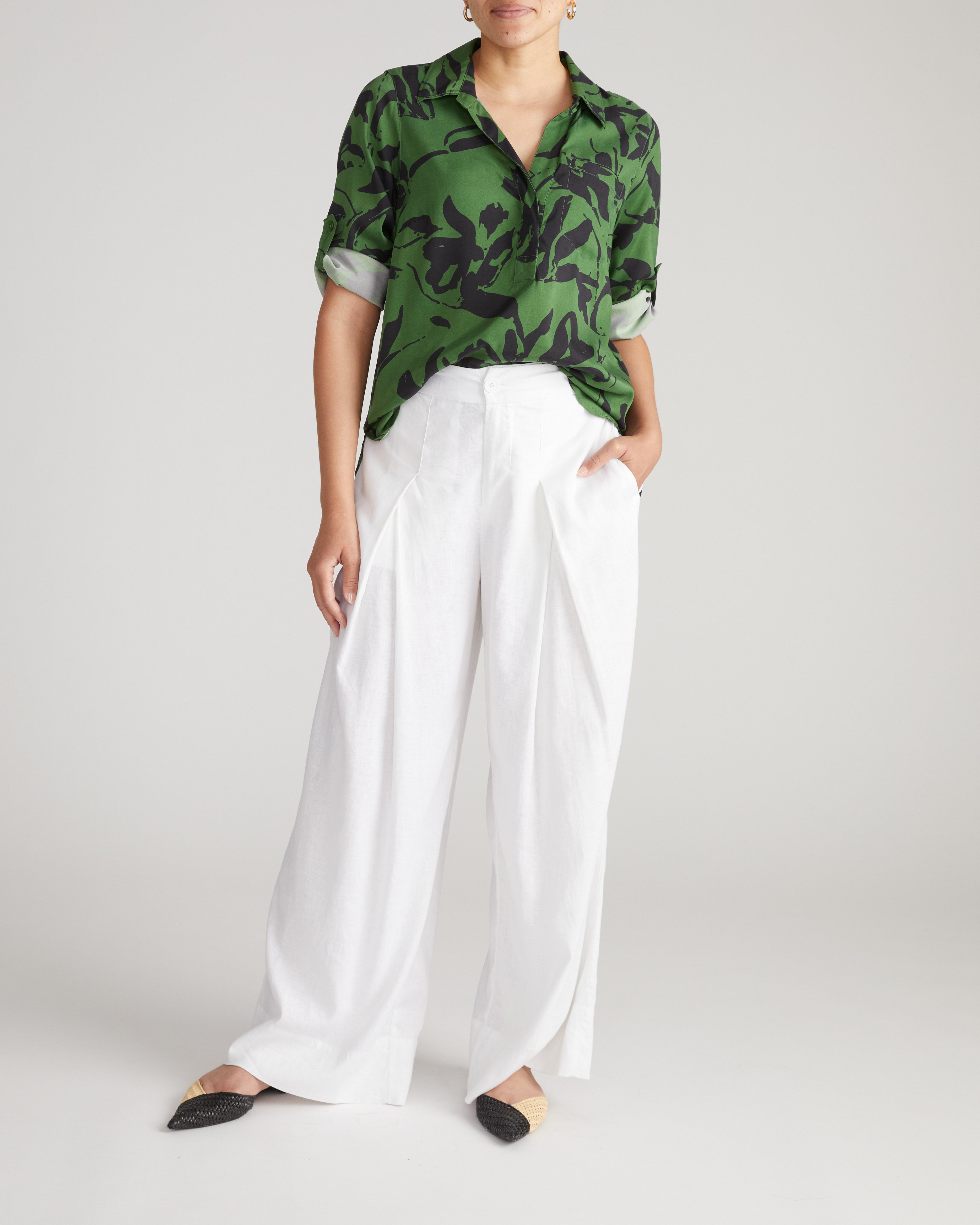 Button Back Stretch Cupro Polo Shirt - Green Sgraffito Print