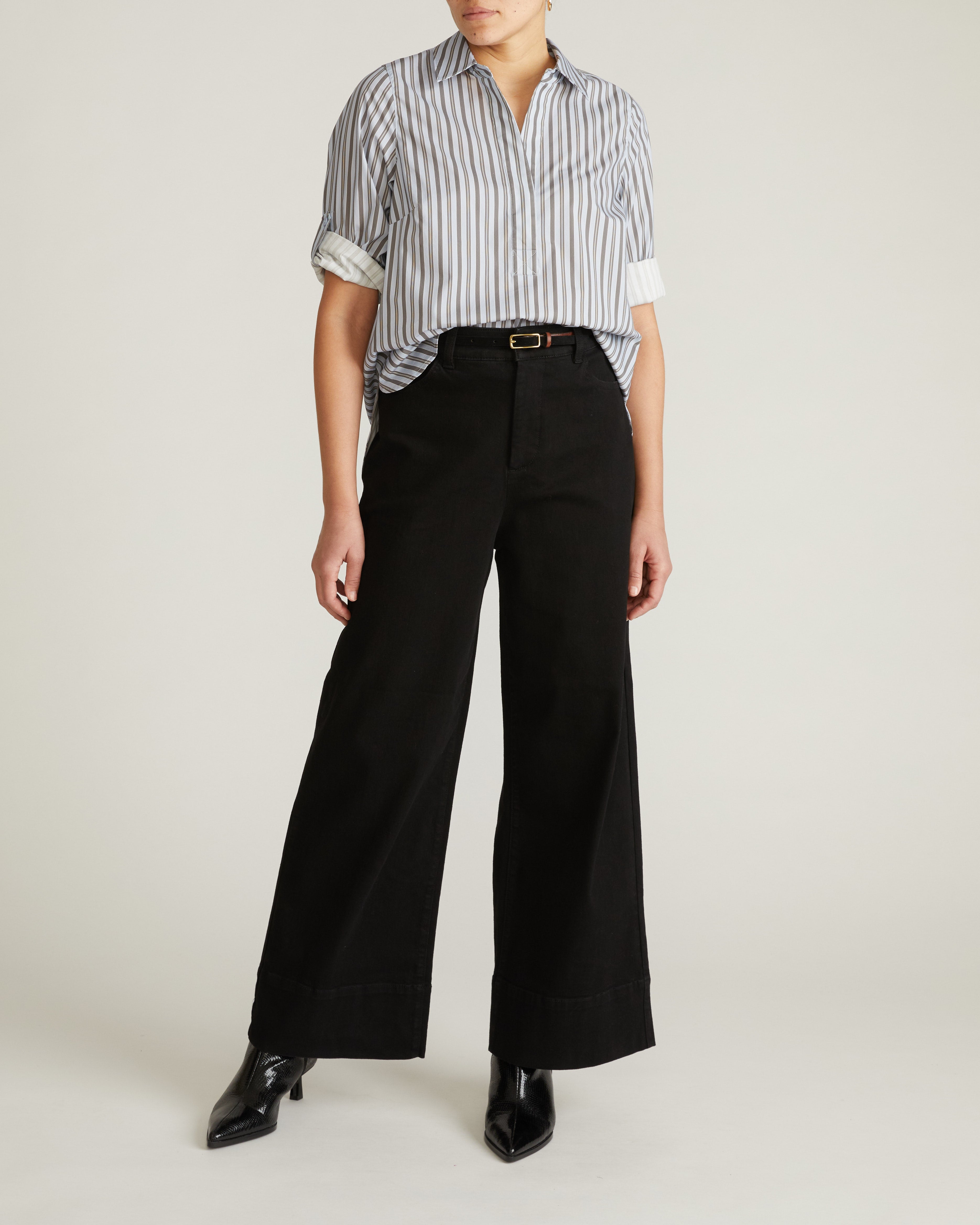 Button Back Poplin Polo Shirt - Smokey Blue Stripe